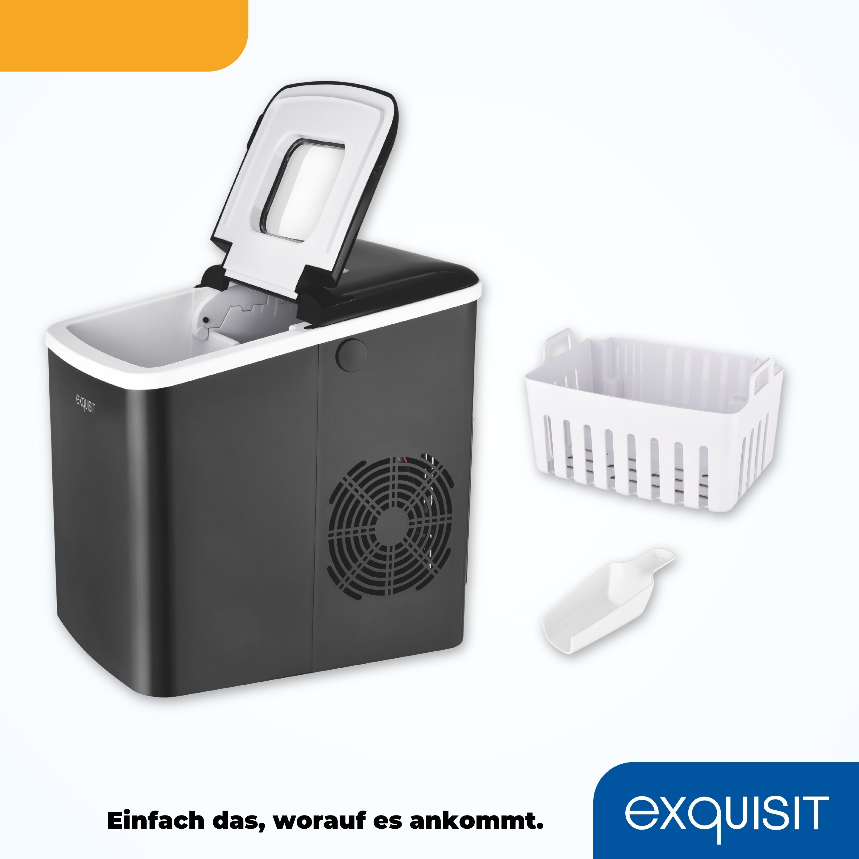 Schwarz-weißer Eisbereiter mit Korb und Schaufel. Weißer Hintergrund.