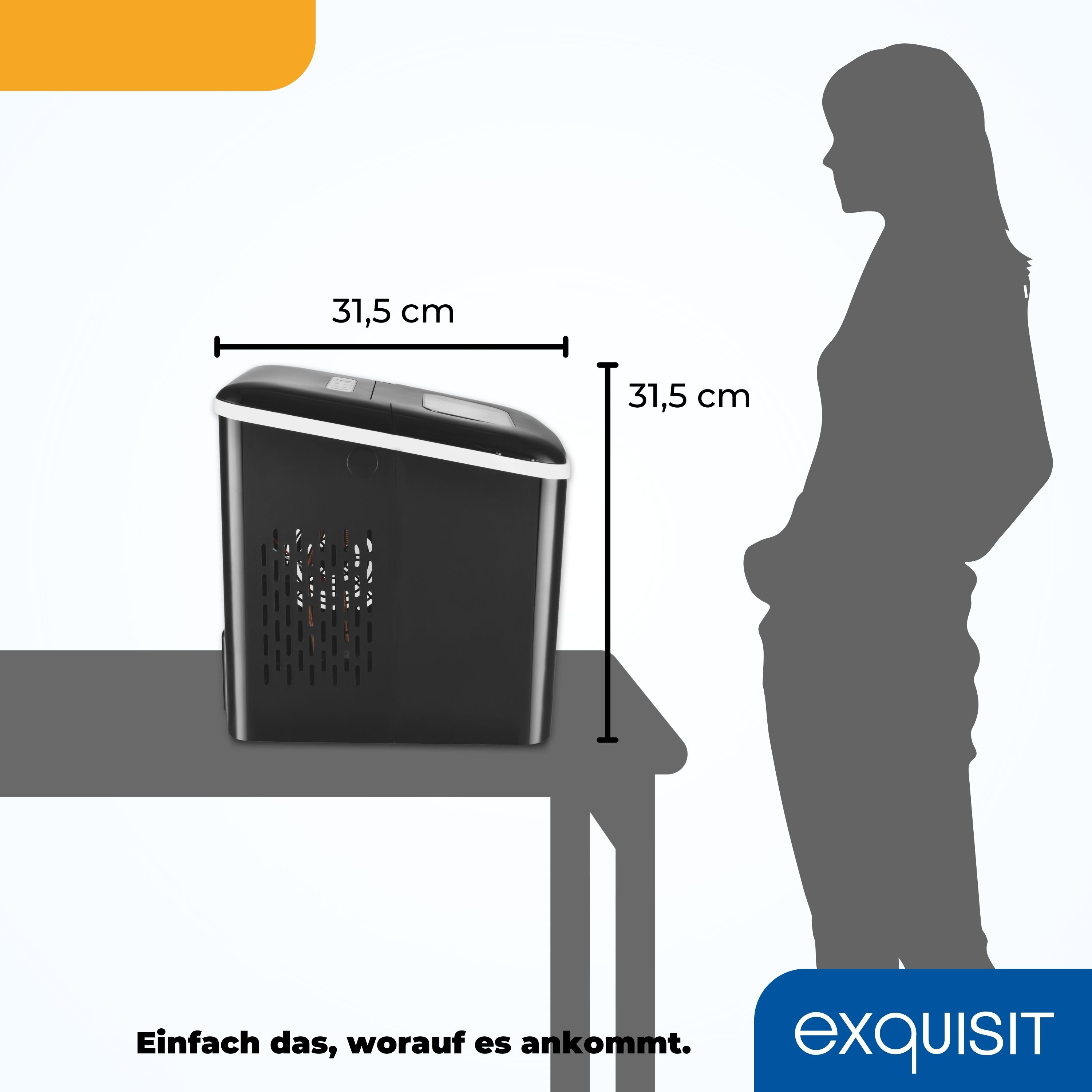 Schwarzer Eisbereiter neben der Silhouette einer Frau. Abmessungen in cm sind angegeben.