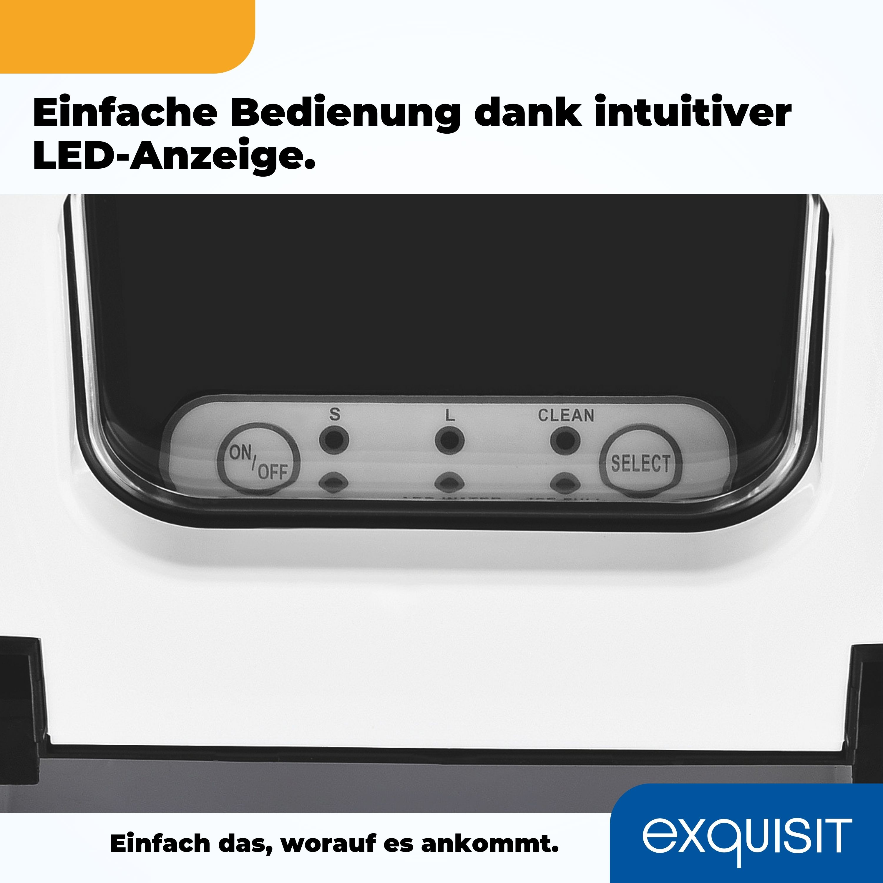 Nahaufnahme eines Bedienfelds mit Tasten, beschriftet mit 'ON/OFF', 'S', 'L', 'CLEAN' und 'SELECT'.