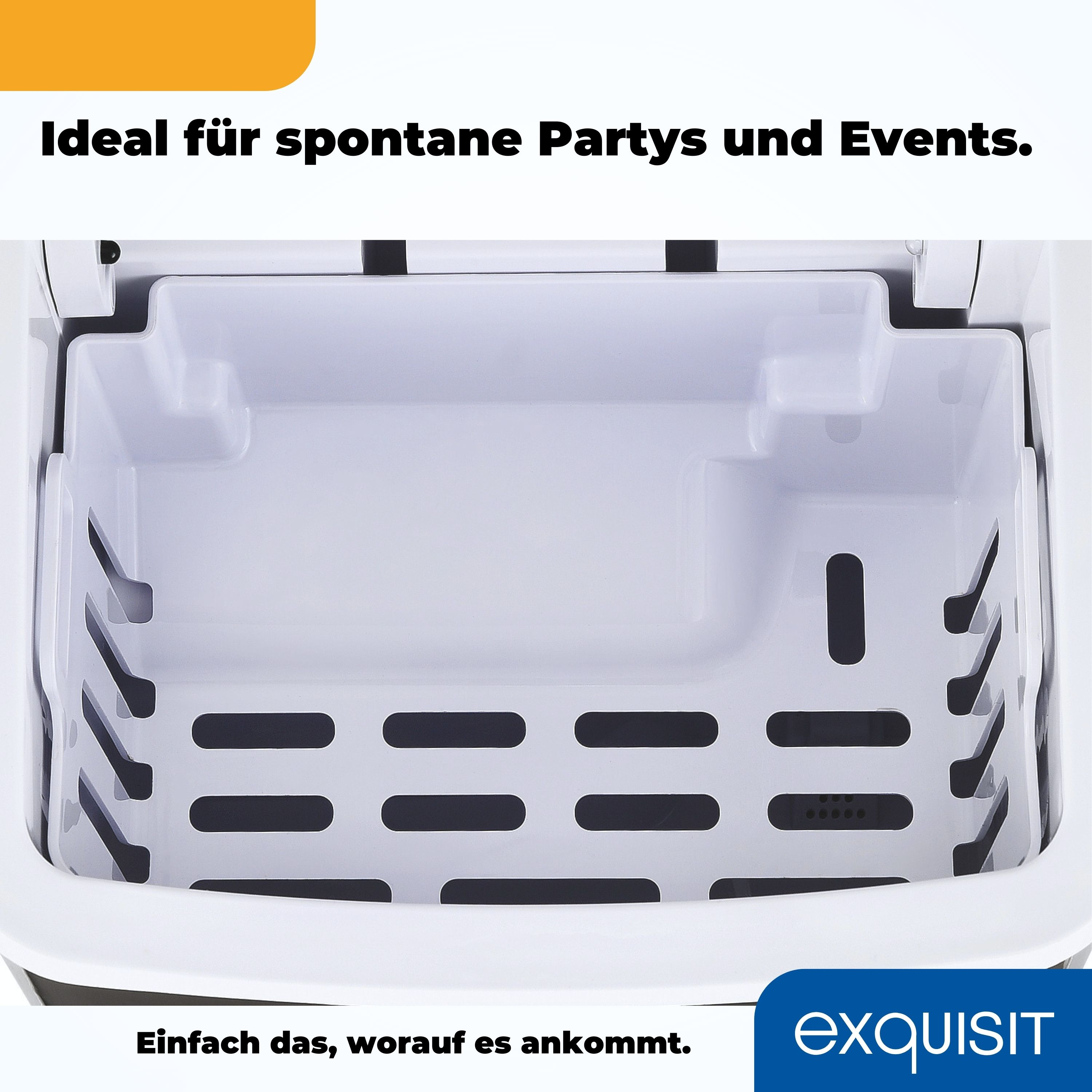 Weißer Eisbereiter Innenraum. Rechteckige Form mit schwarzen Schlitzen. Text: Ideal für spontane Partys und Events.