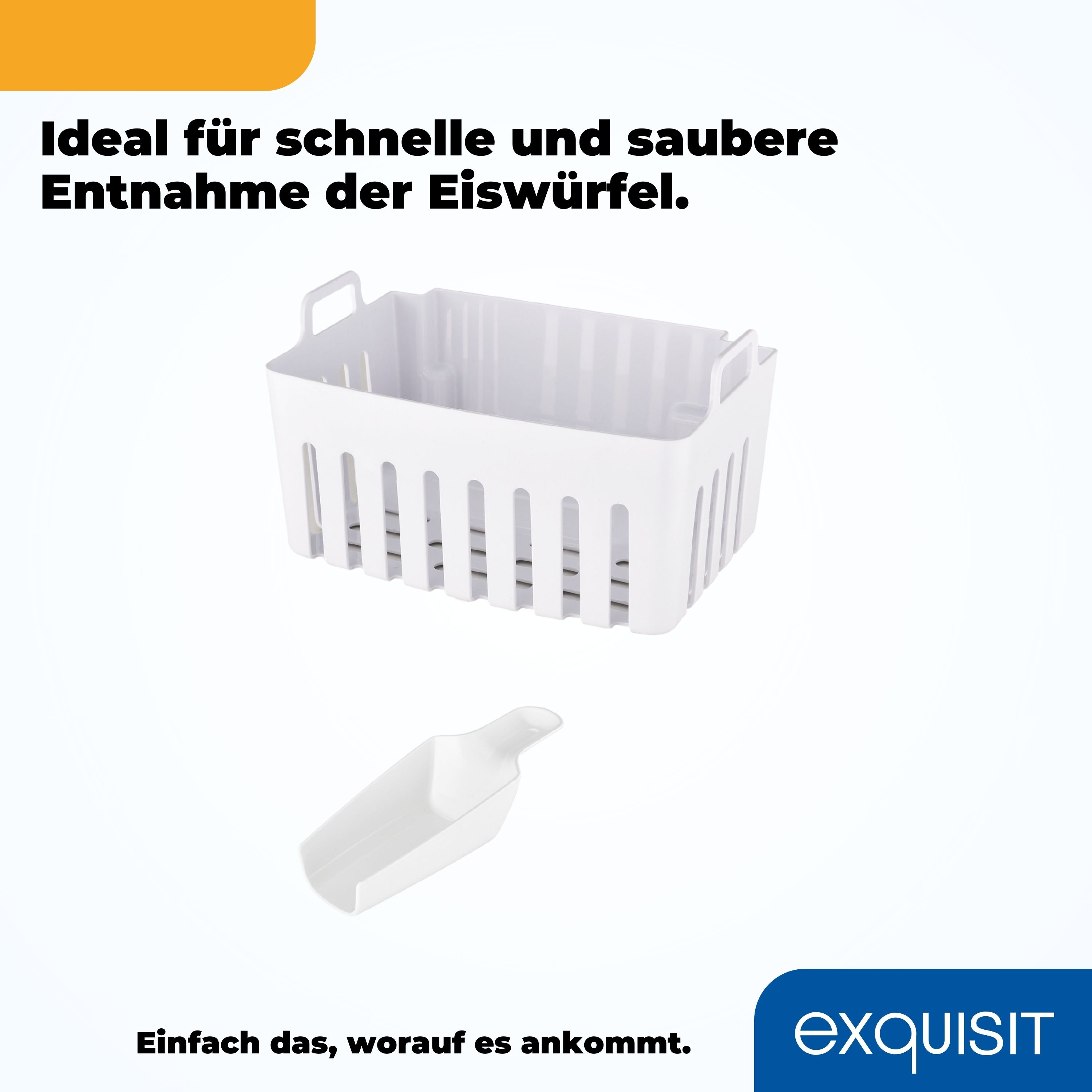Eine weiße Eiswürfelschale und ein Schöpfer auf blauem Hintergrund.