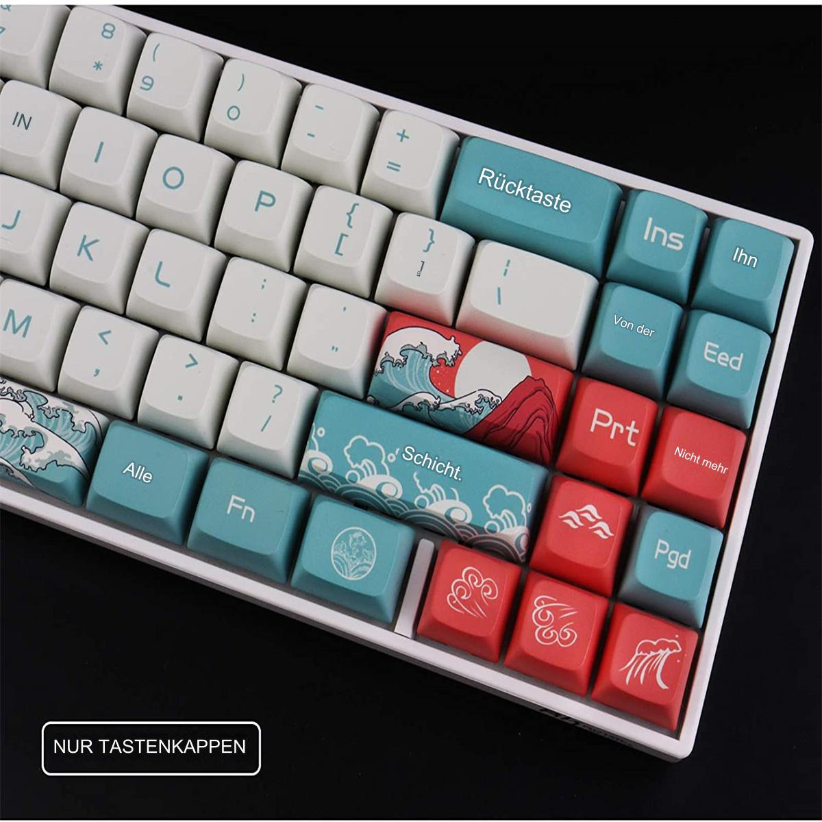 Nahaufnahme einer Tastatur mit individuellen Tastenkappen, die japanische Kunst zeigen.