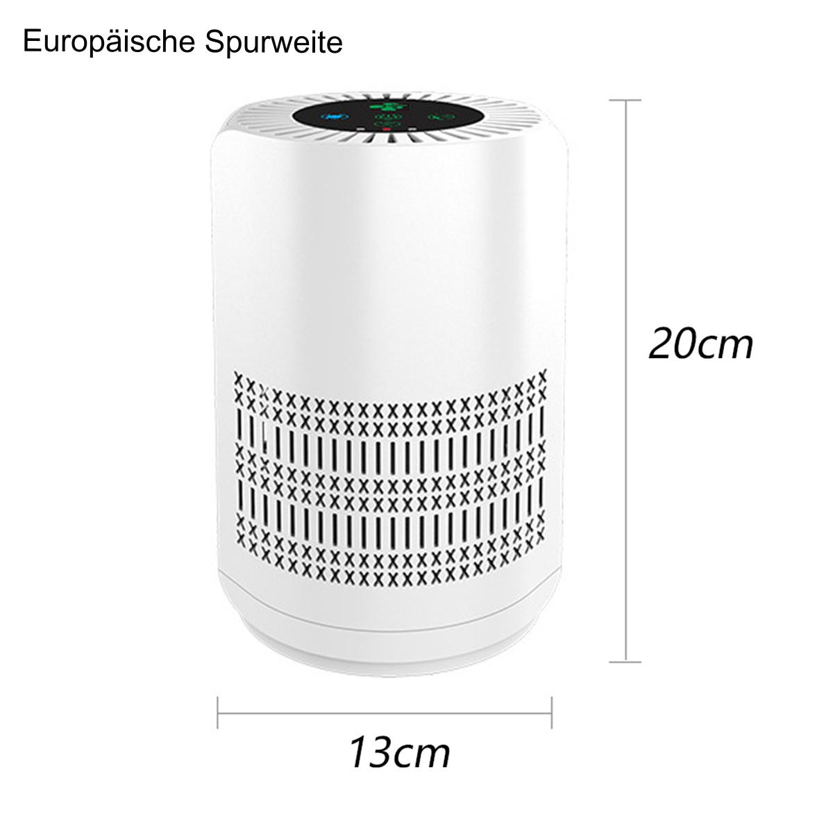 Ein weißer Luftreiniger mit Abmessungen in Zentimetern: 20 cm hoch und 13 cm breit. Hat ein gemustertes Gitter.