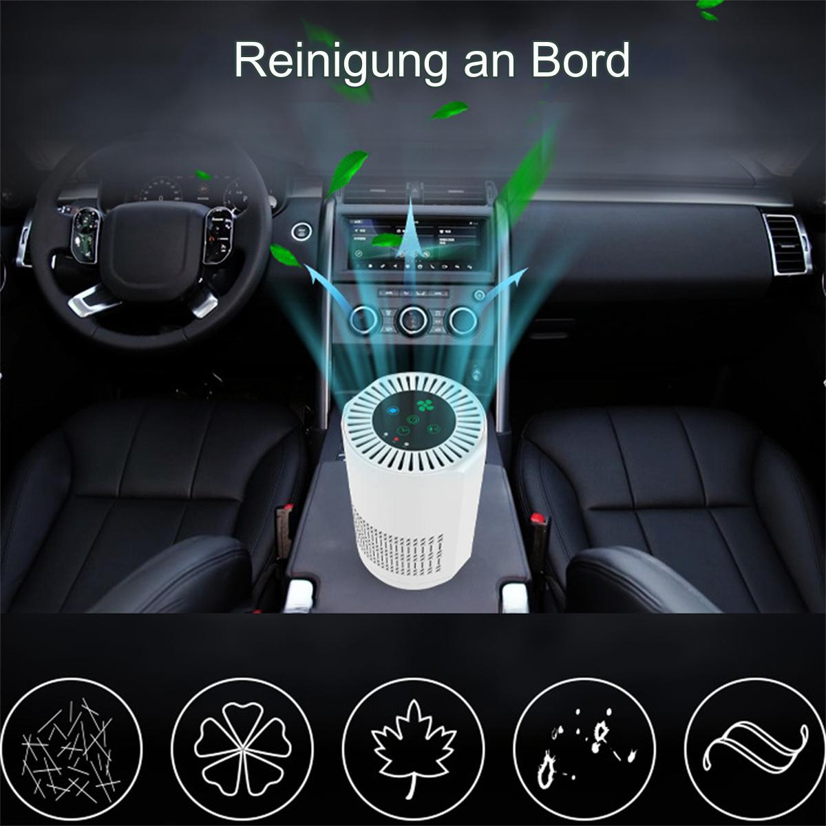Weißer Auto-Luftreiniger im Auto-Innenraum. Text: Reinigung an Bord. Verschiedene Partikelsymbole.