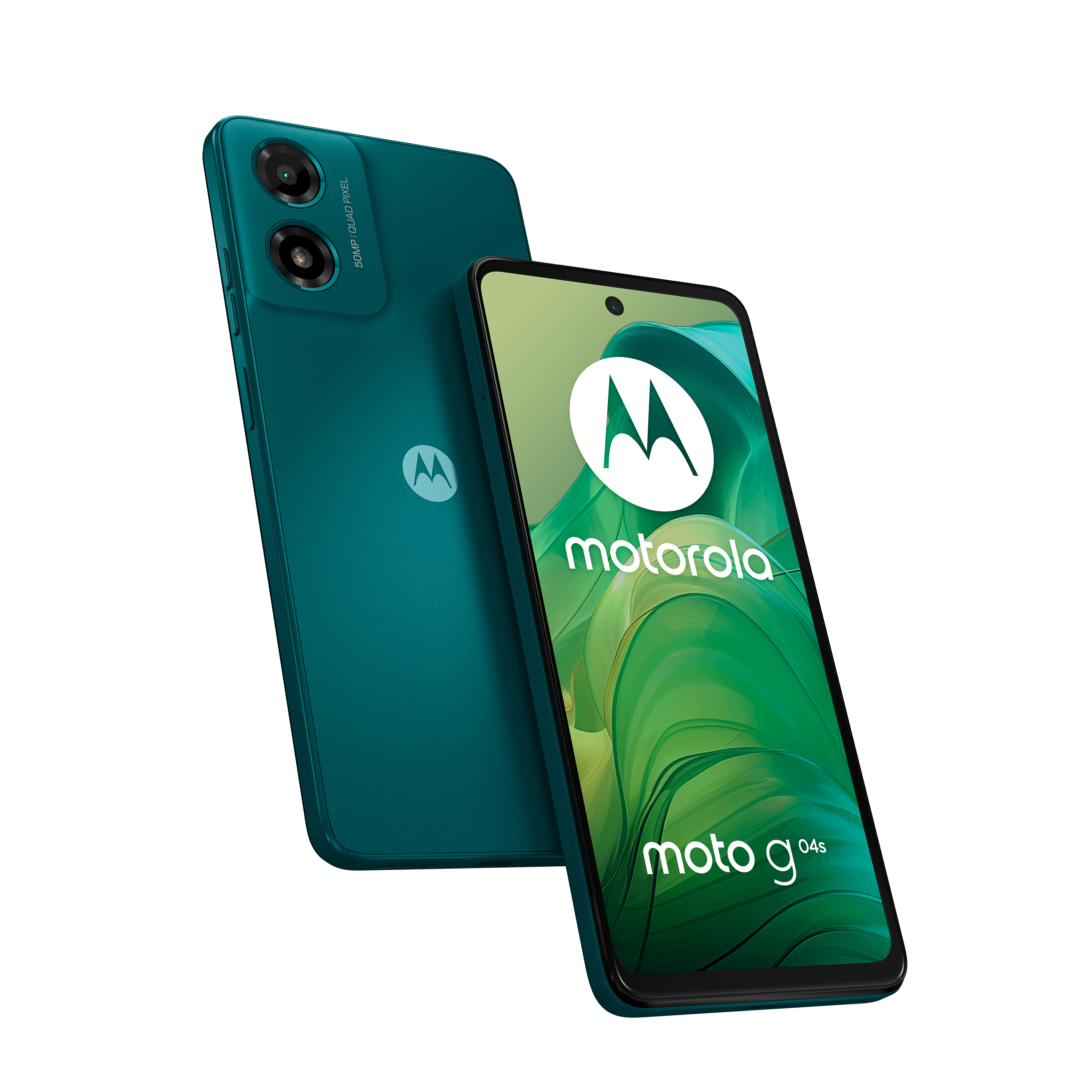 Smartphone verde con dos cámaras, fondo blanco.