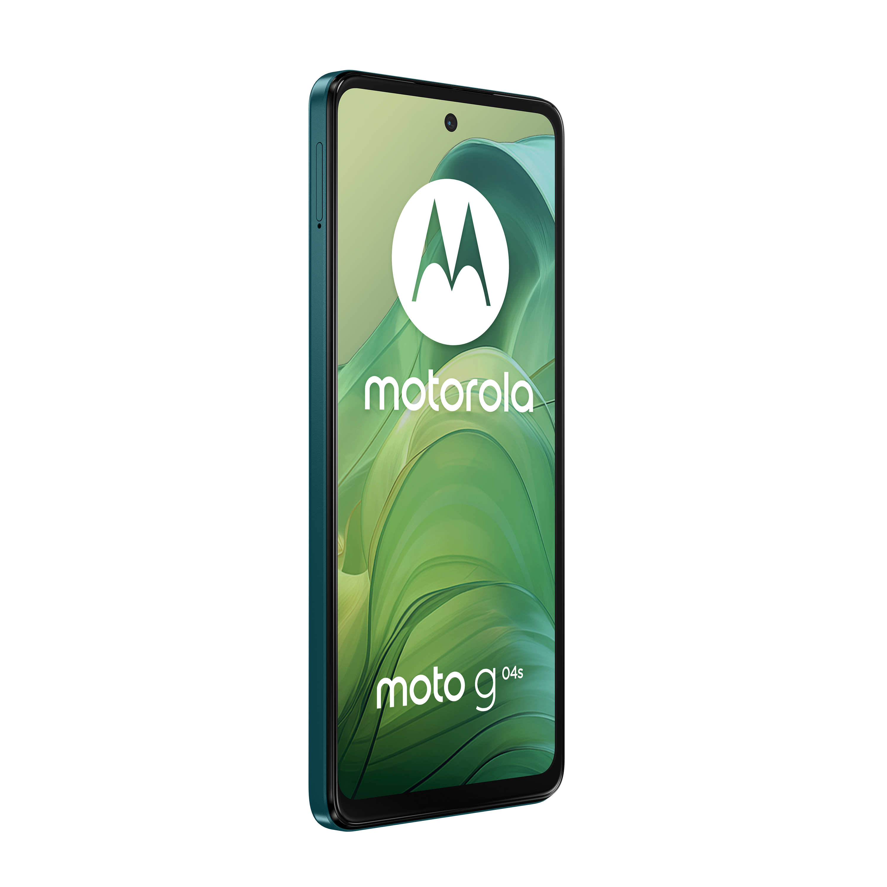 Un teléfono inteligente Motorola Moto G04s color verde azulado con logo blanco, vista en ángulo.