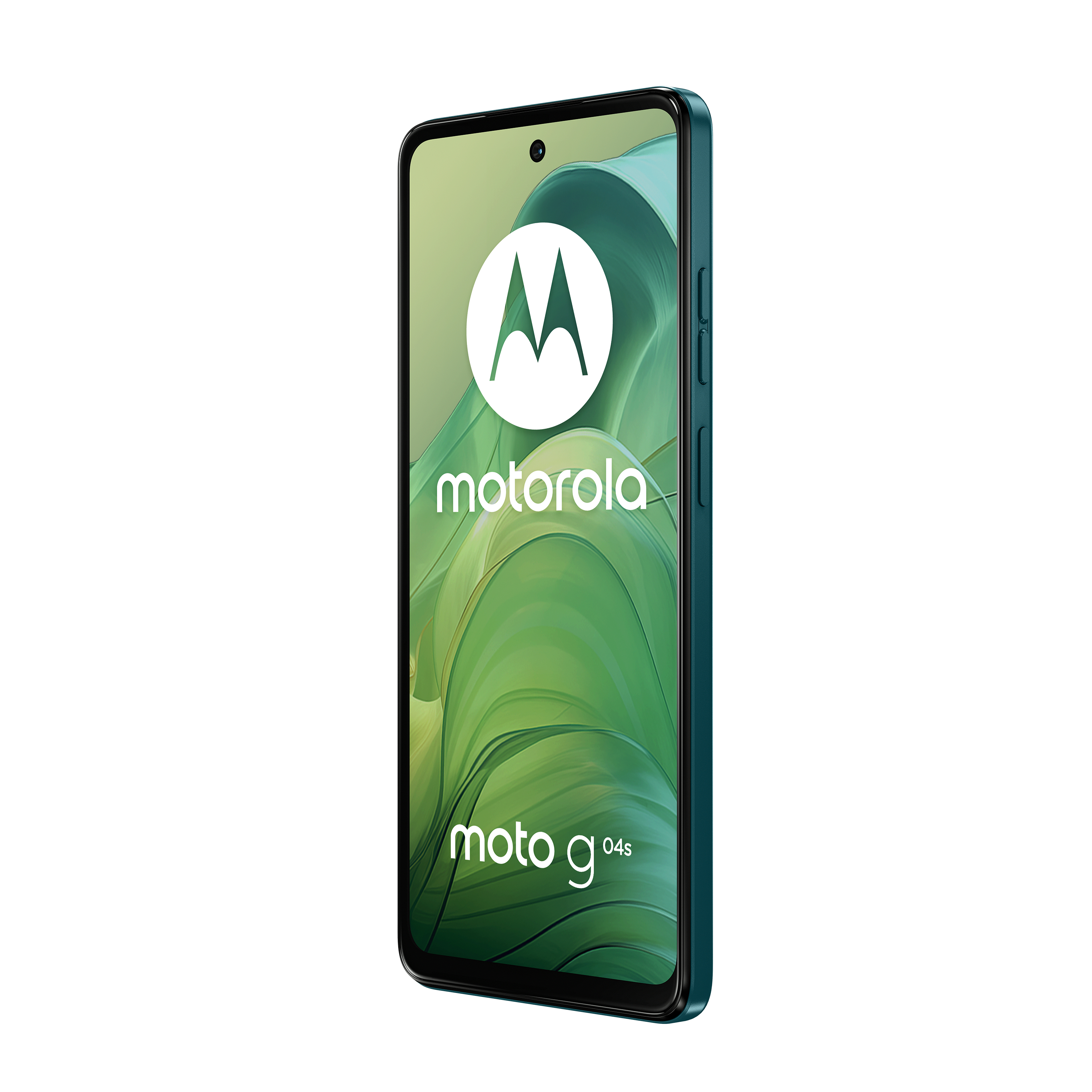 Smartphone Motorola Moto g04s azul, sobre fondo blanco, mostrando la pantalla.