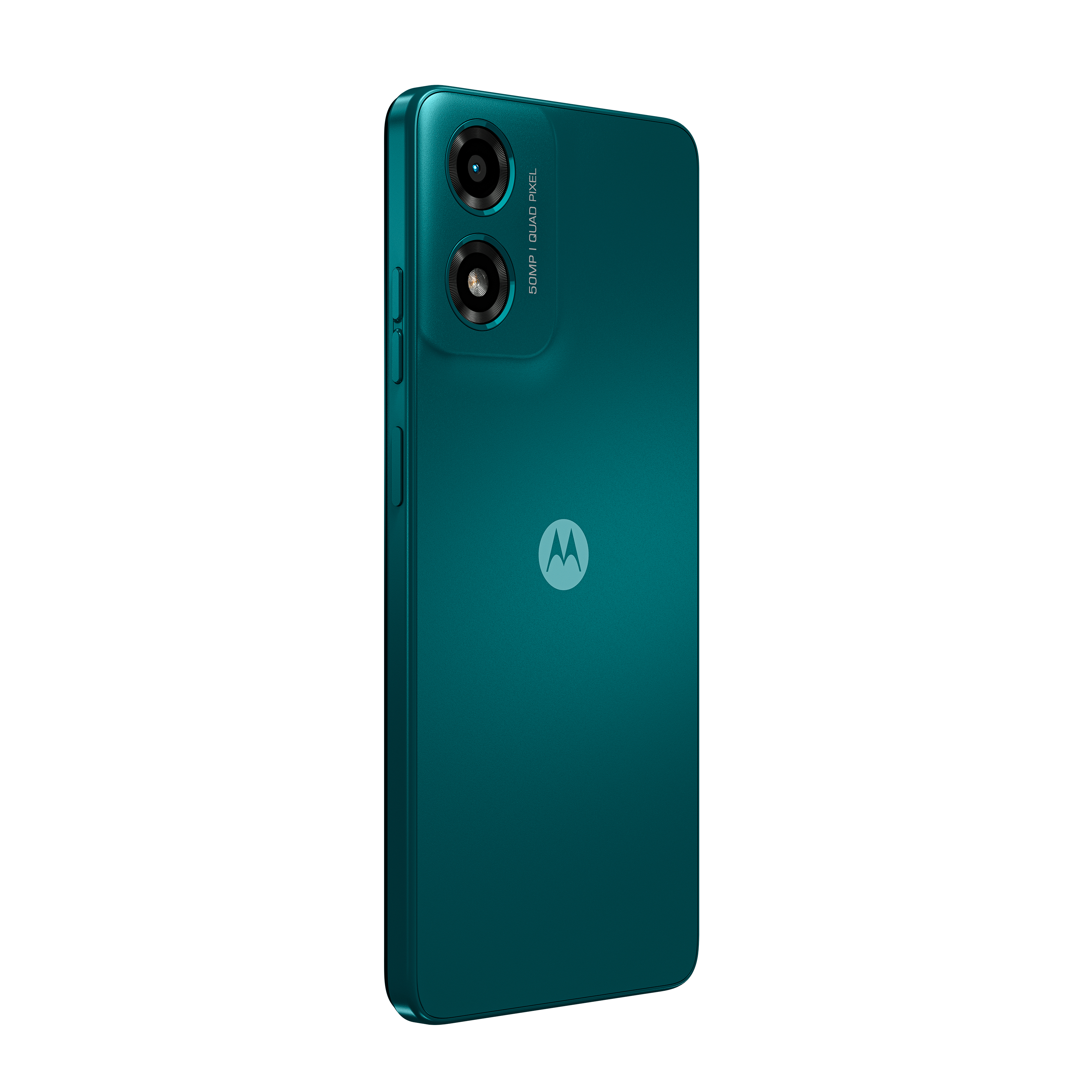 Smartphone turquesa con cámaras traseras dobles y logo Motorola.