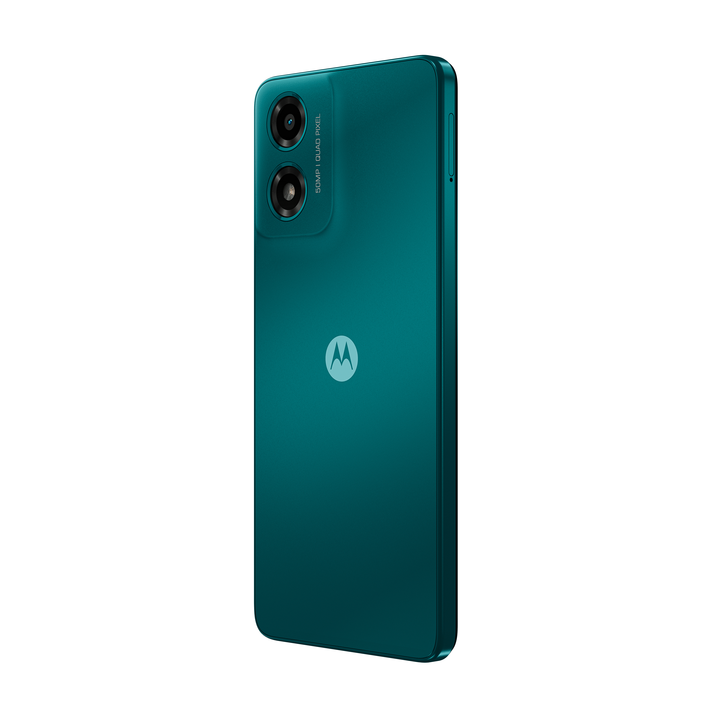 Un smartphone color turquesa. Tiene dos cámaras y un logotipo de Motorola en la parte trasera.