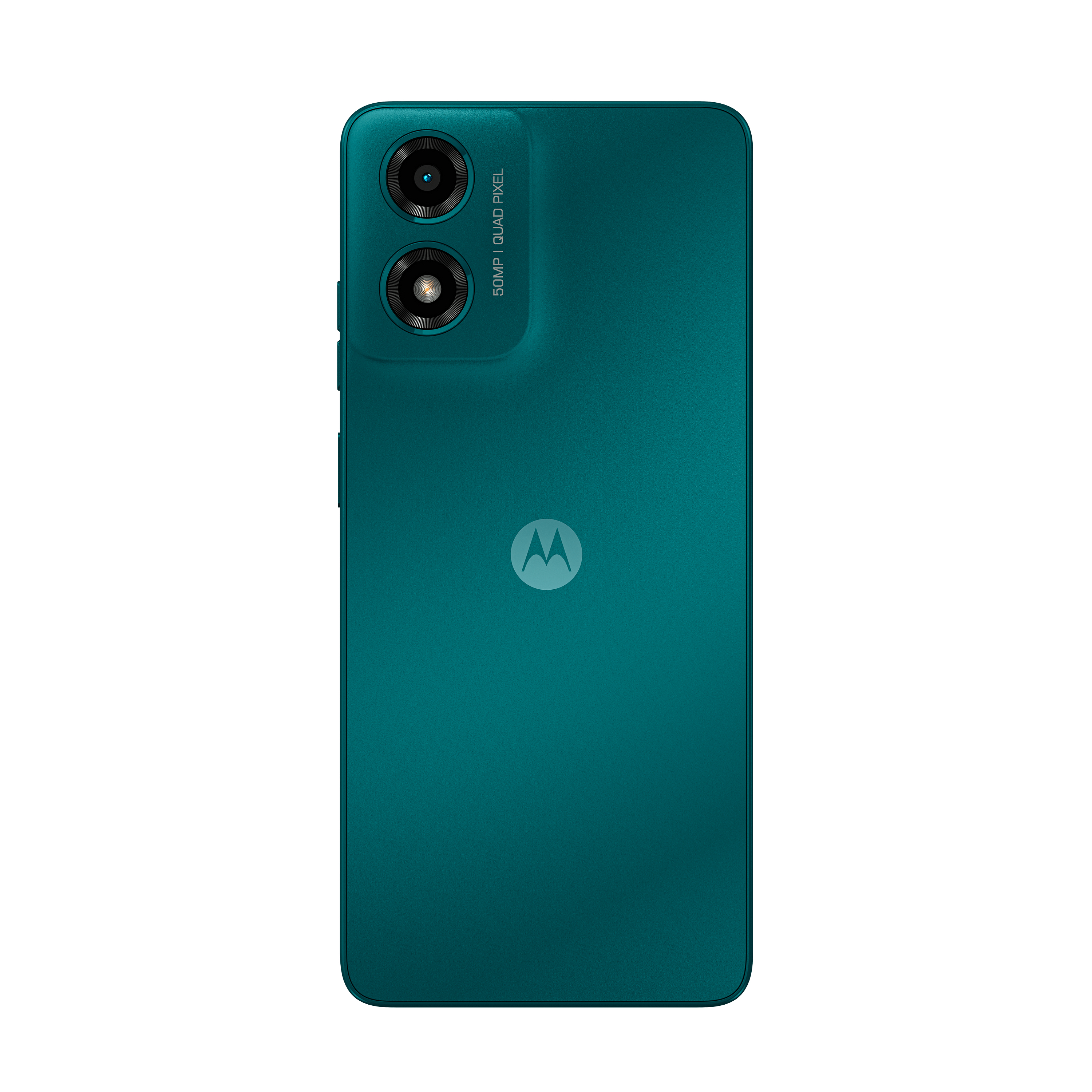 Teléfono verde azulado. Cámaras duales. Logotipo de Motorola. Fondo blanco. Teléfono móvil.