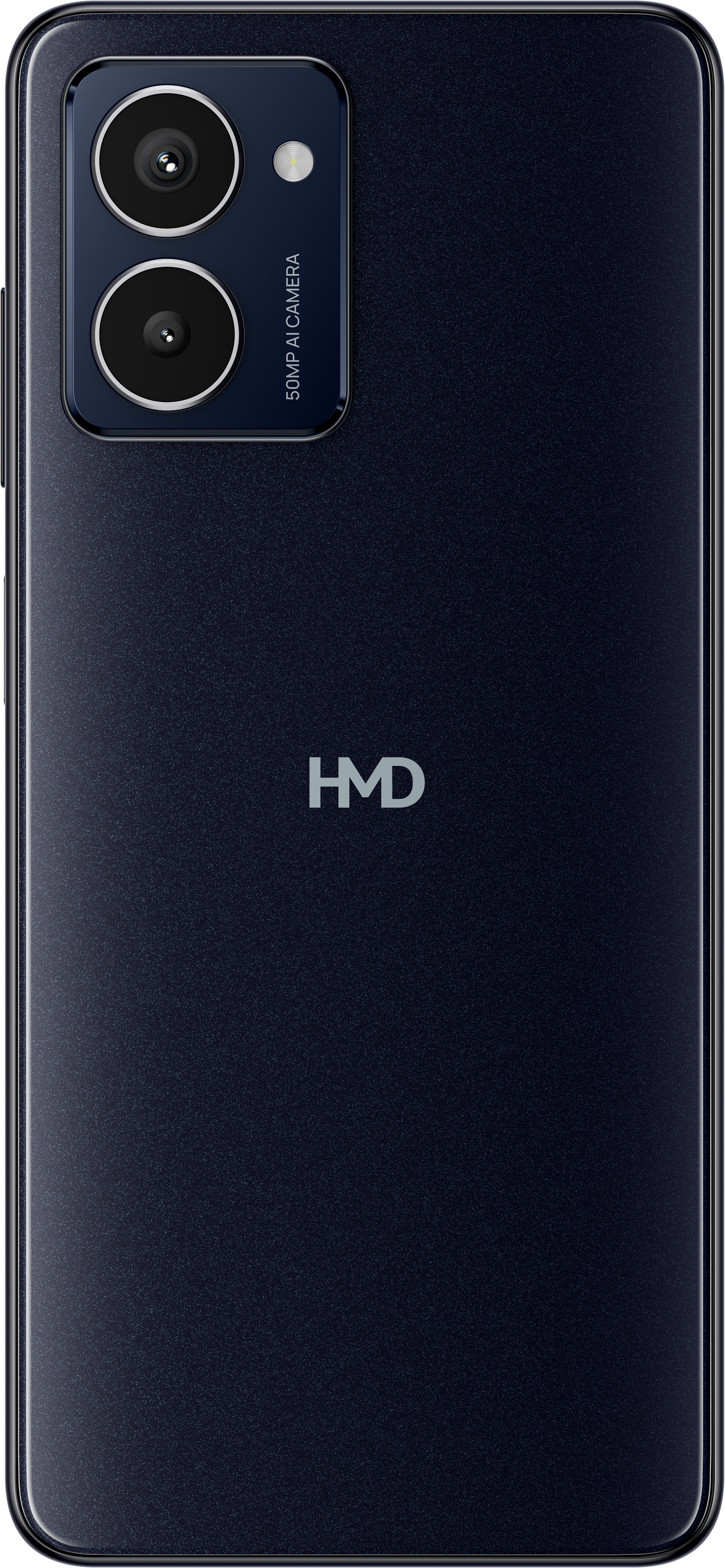 Die Rückseite eines dunkelblauen Telefons. Dualkamera, 50MP-Kamera-Label und HMD-Logo sind sichtbar.