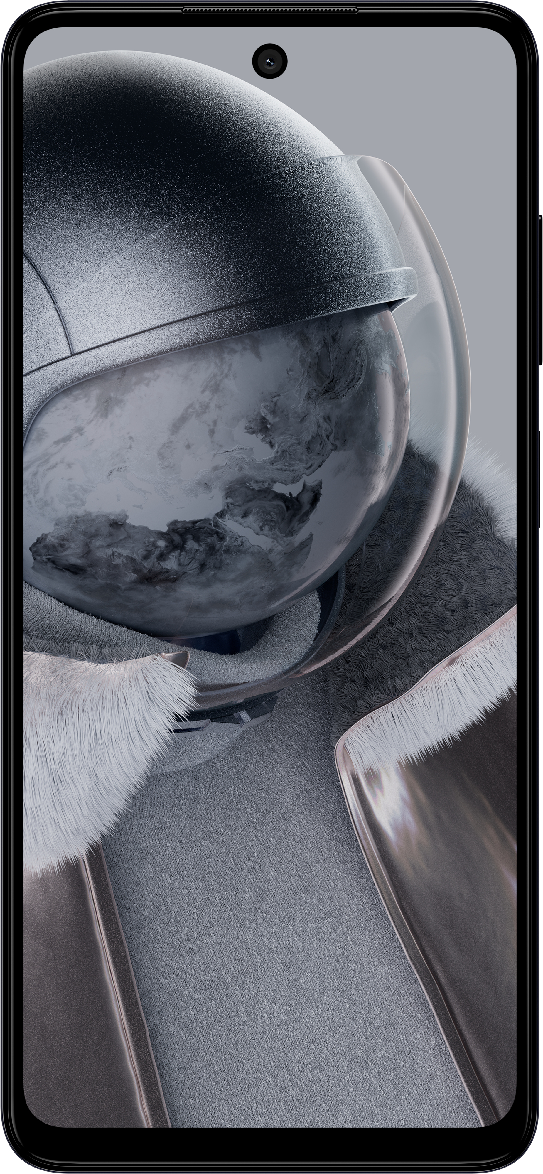 Smartphone mit Astronautenhelm. Erdähnlicher Planet im Spiegelbild sichtbar.