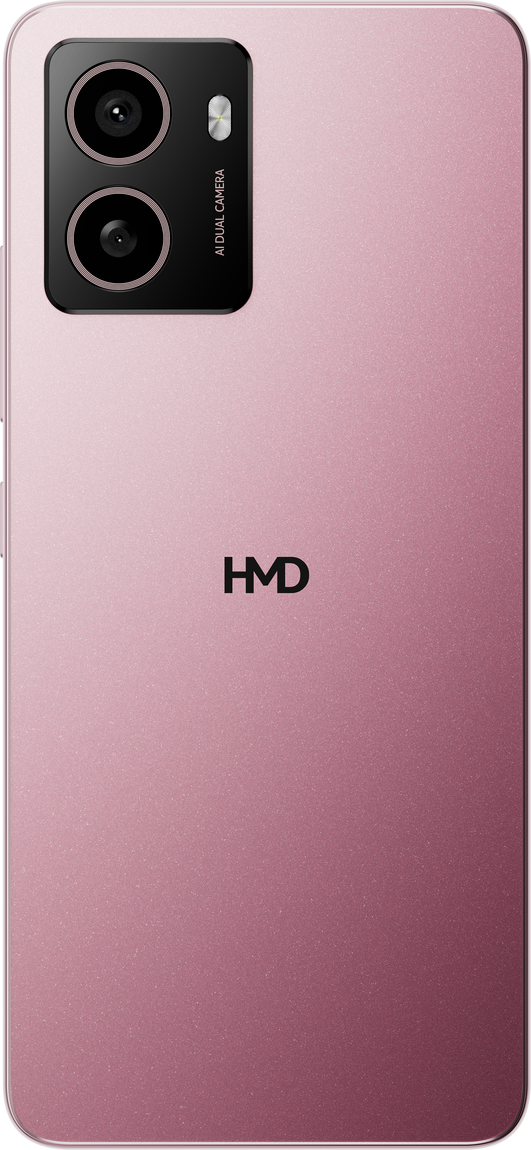 Różowy telefon HMD z podwójnymi aparatami i logo HMD z tyłu.