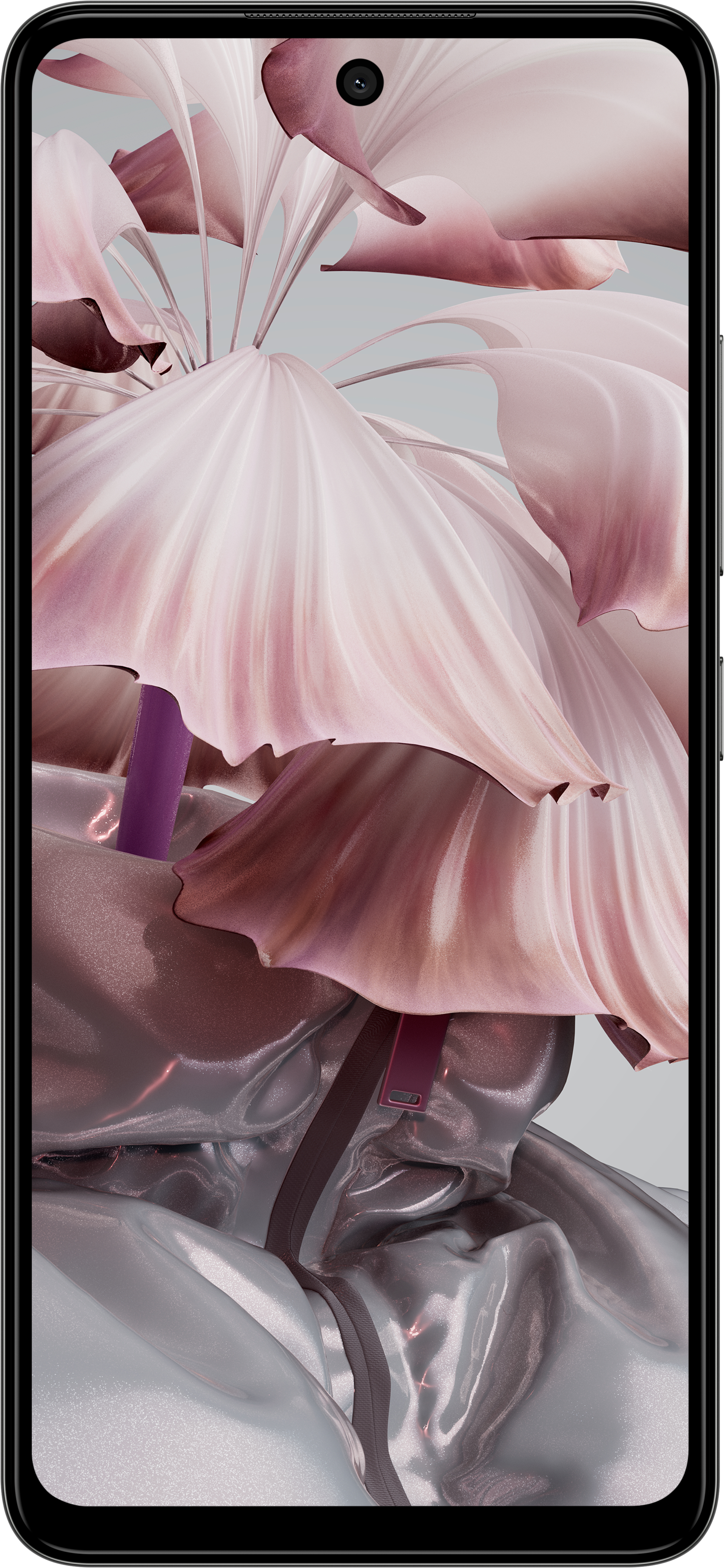 Telefonbildschirm mit rosa Blumen. Schwarzer Rahmen. Heller Hintergrund. Mobiltelefon.