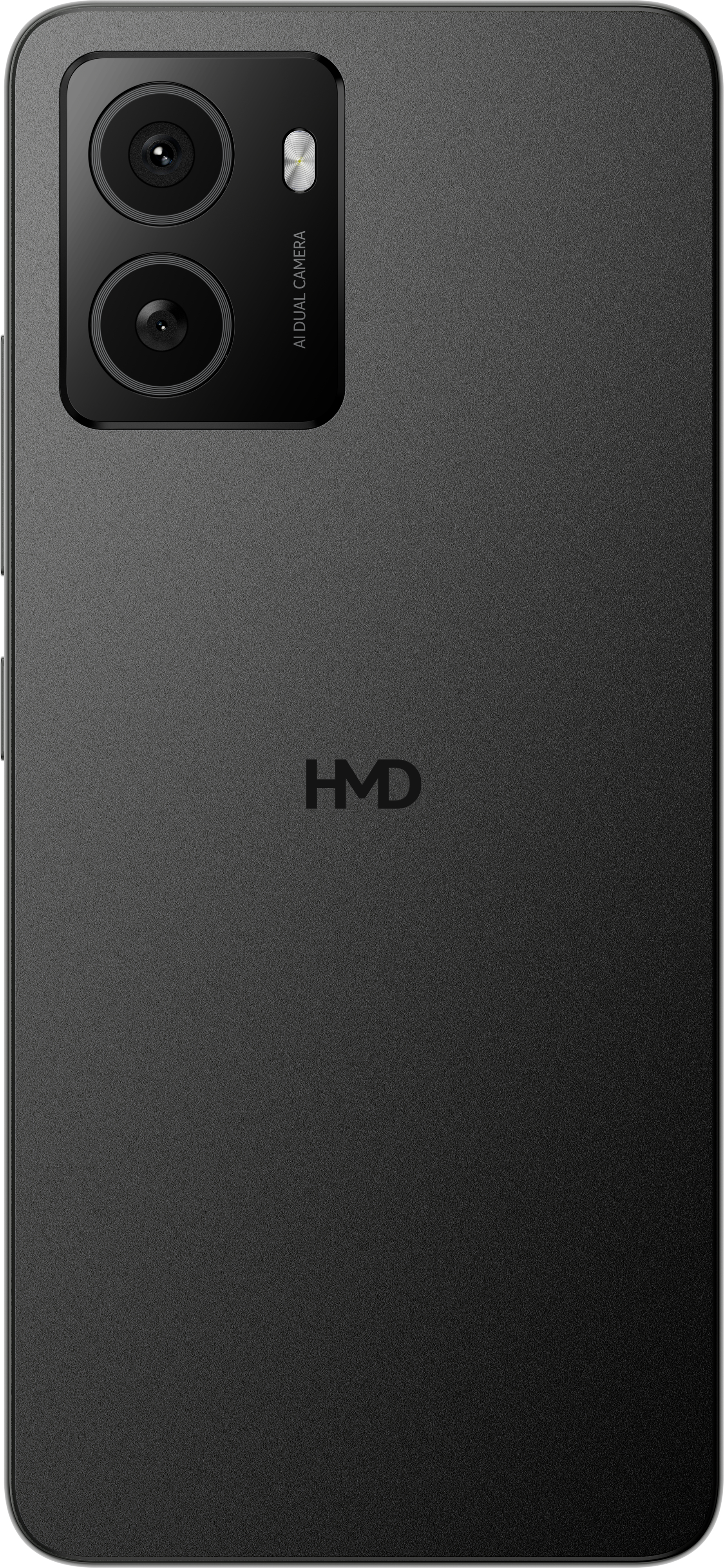 Schwarze Smartphone-Rückseite mit Dual-Kamera und HMD-Logo. Farbe ist Dunkelgrau.
