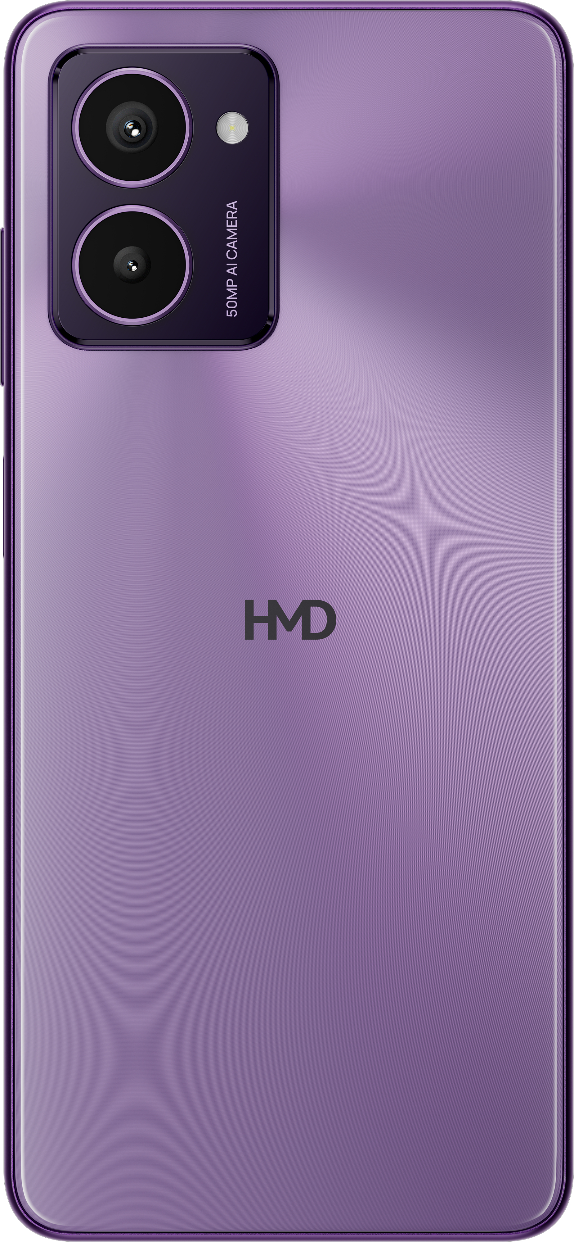 Parte trasera de smartphone morada con cámara dual y logo HMD. El color es morado.