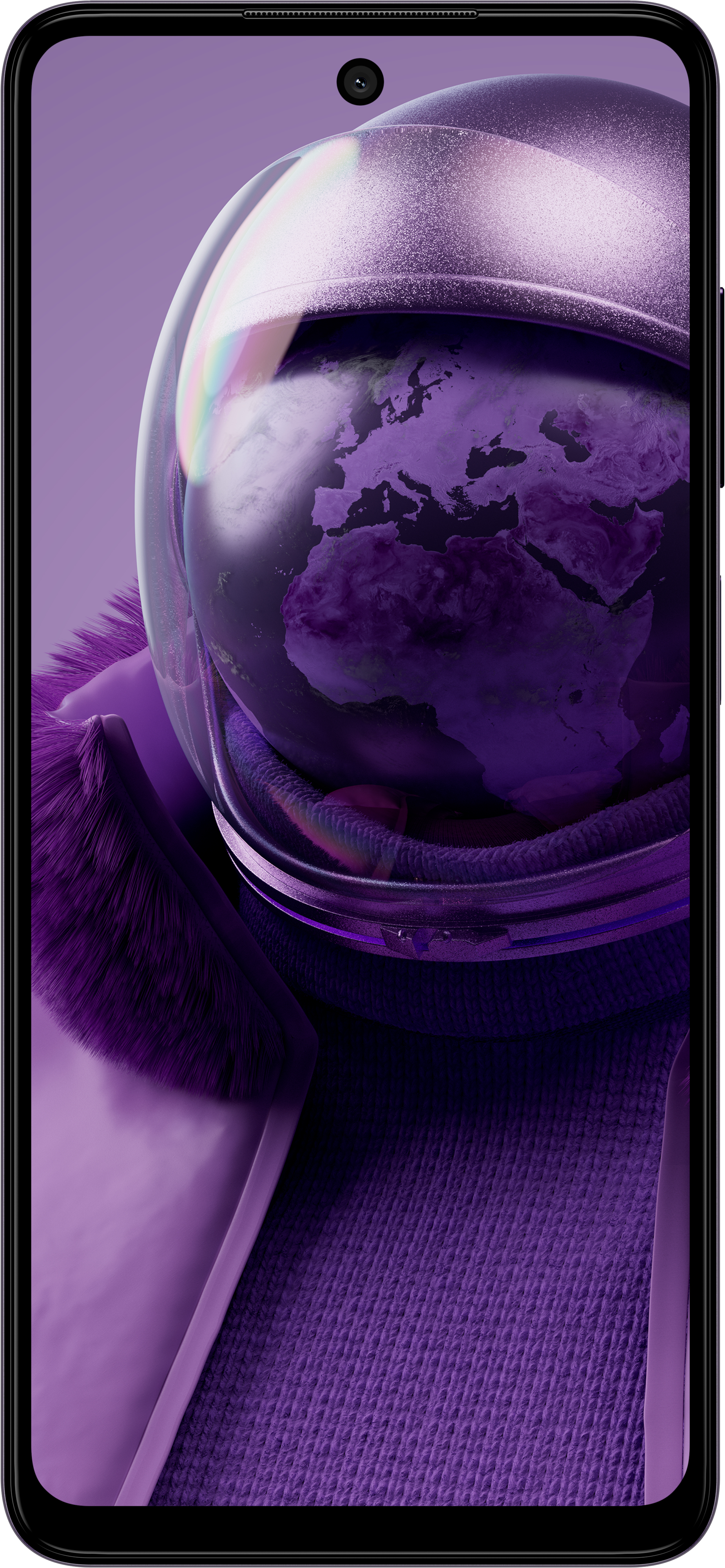 Smartphone mostrando imagen de astronauta púrpura con la Tierra. El teléfono es negro.