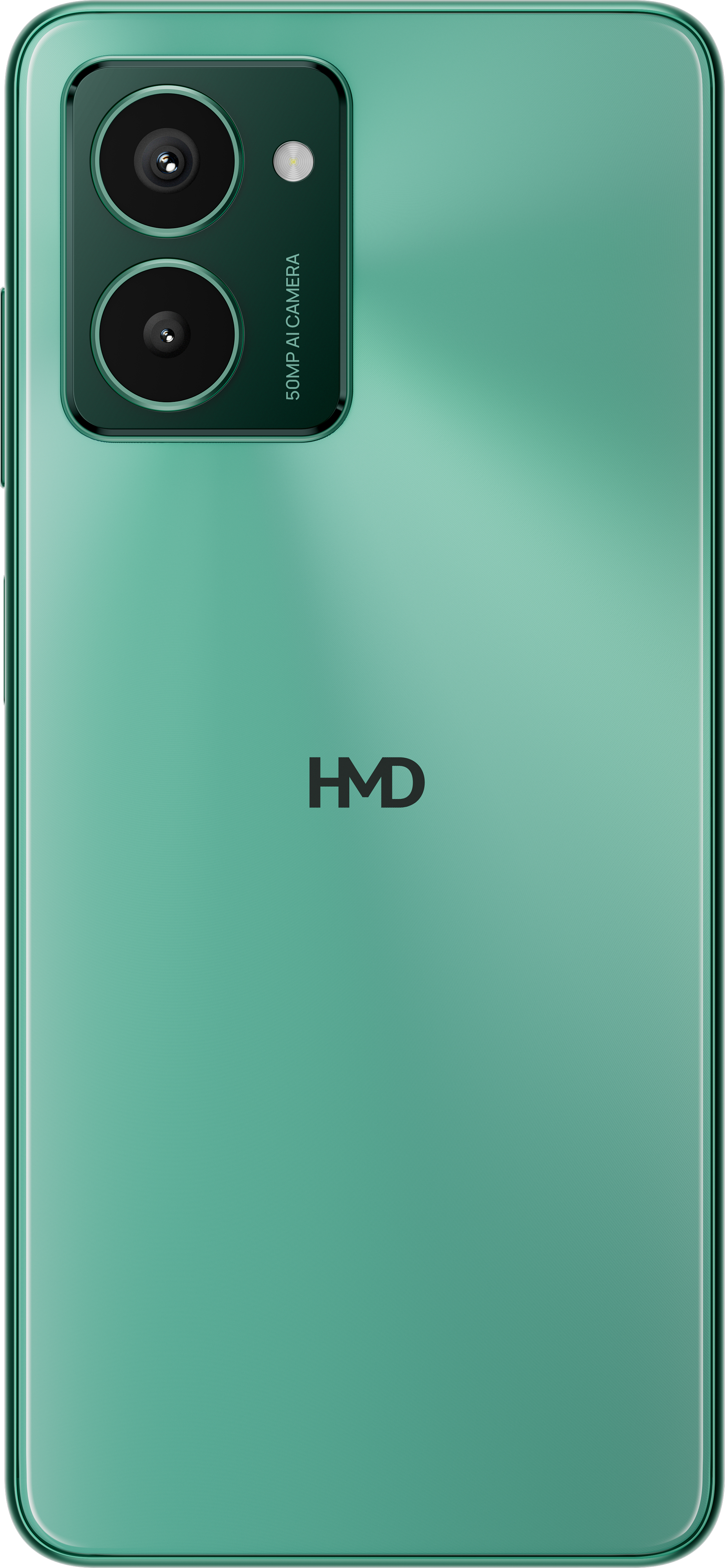 Grüne Smartphone-Rückseite mit zwei Kameras und HMD-Logo.