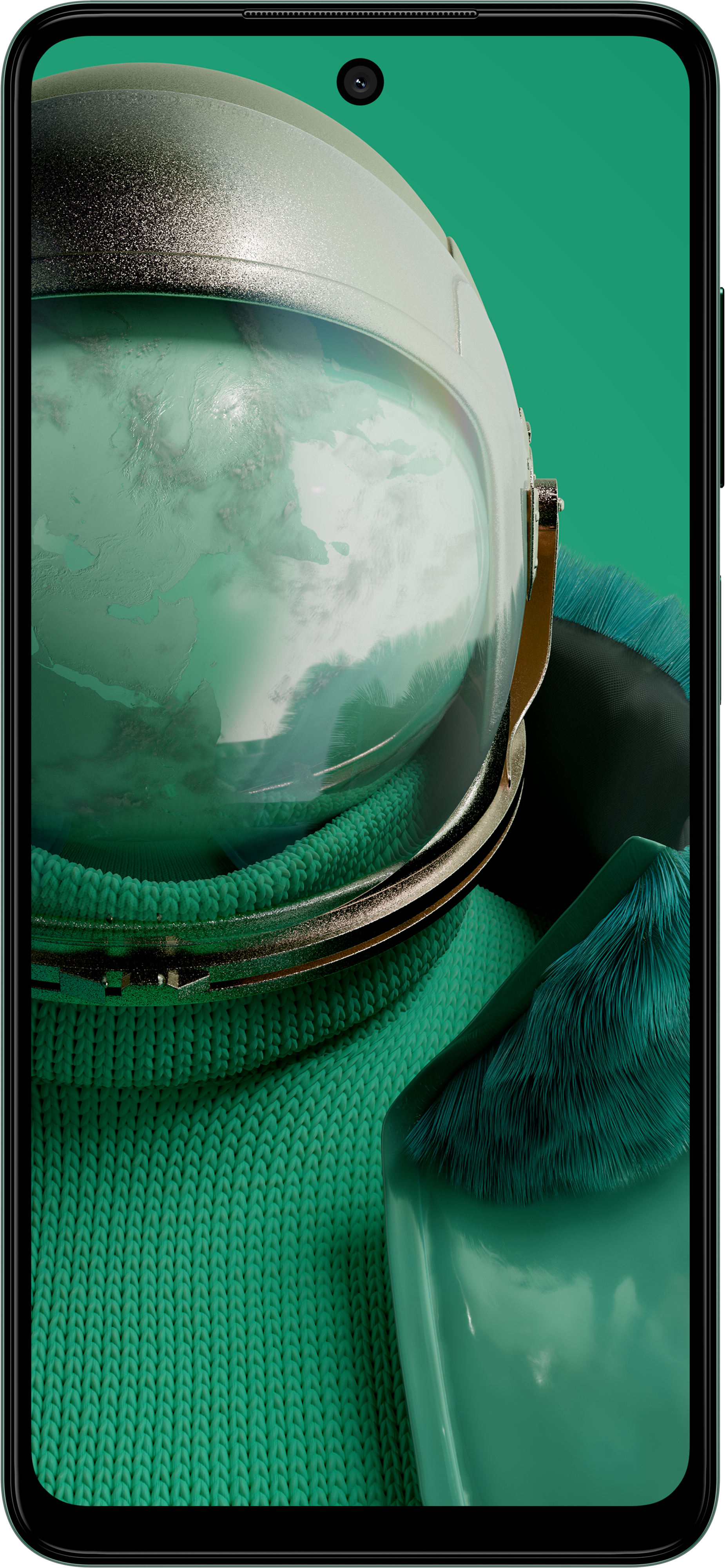 Smartphone-Bildschirm mit einem Astronauten. Der Astronaut trägt einen grünen Anzug.