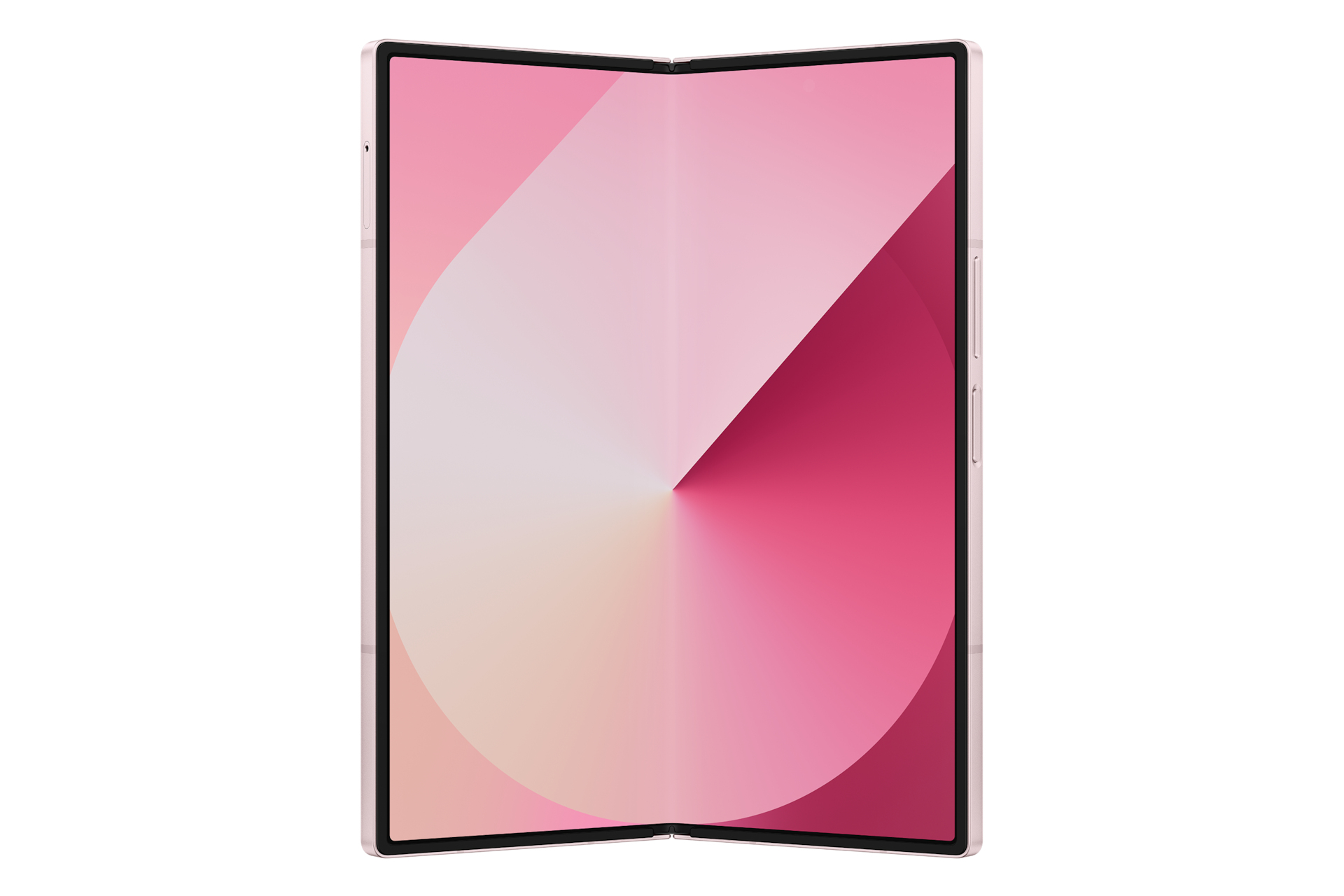 Różowy, otwarty składany tablet. Wyświetlacz pokazuje gradientowy design. Białe tło.