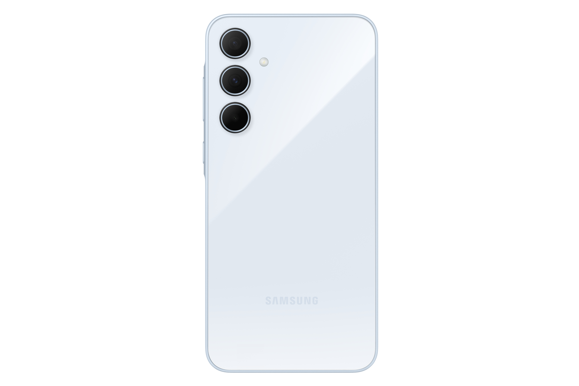 Hellblaue Samsung-Telefonrückseite mit drei Kameras. Das Samsung-Logo ist unten sichtbar.