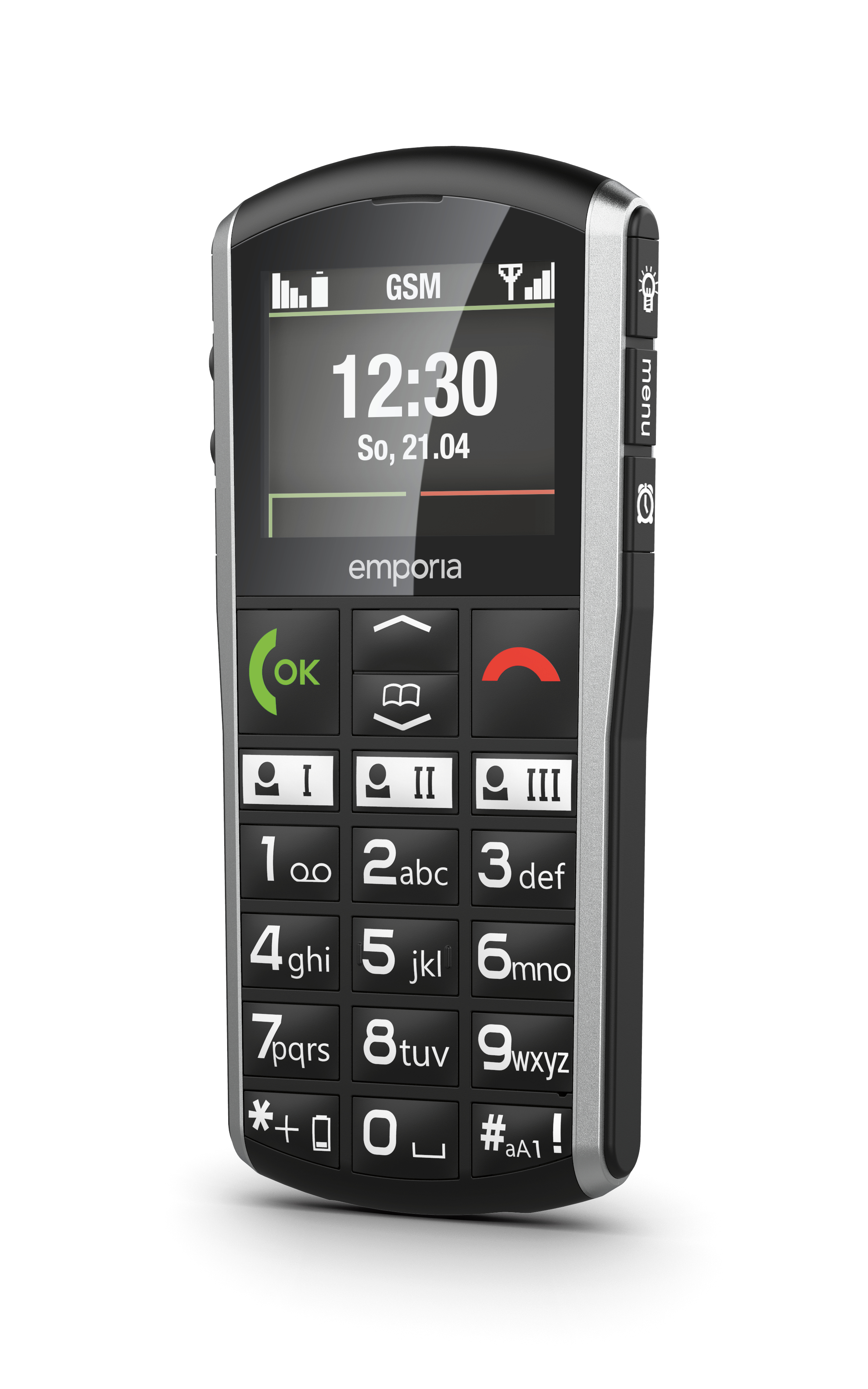 Ein schwarz-silbernes Mobiltelefon mit großen Tasten und einem Display, das Zeit und Datum anzeigt.
