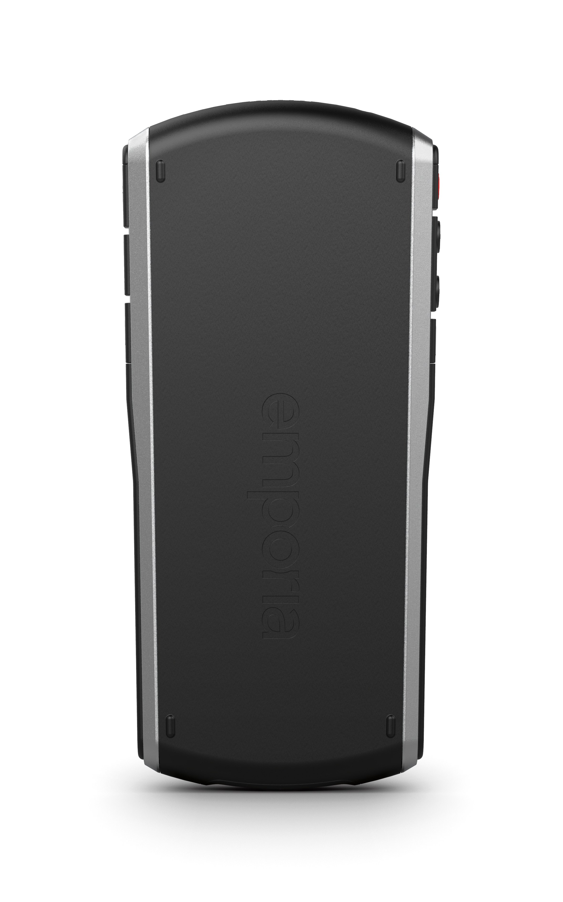 Schwarzes, rechteckiges Telefon mit silbernen Kanten, Rückseite mit 'emporia' beschriftet.