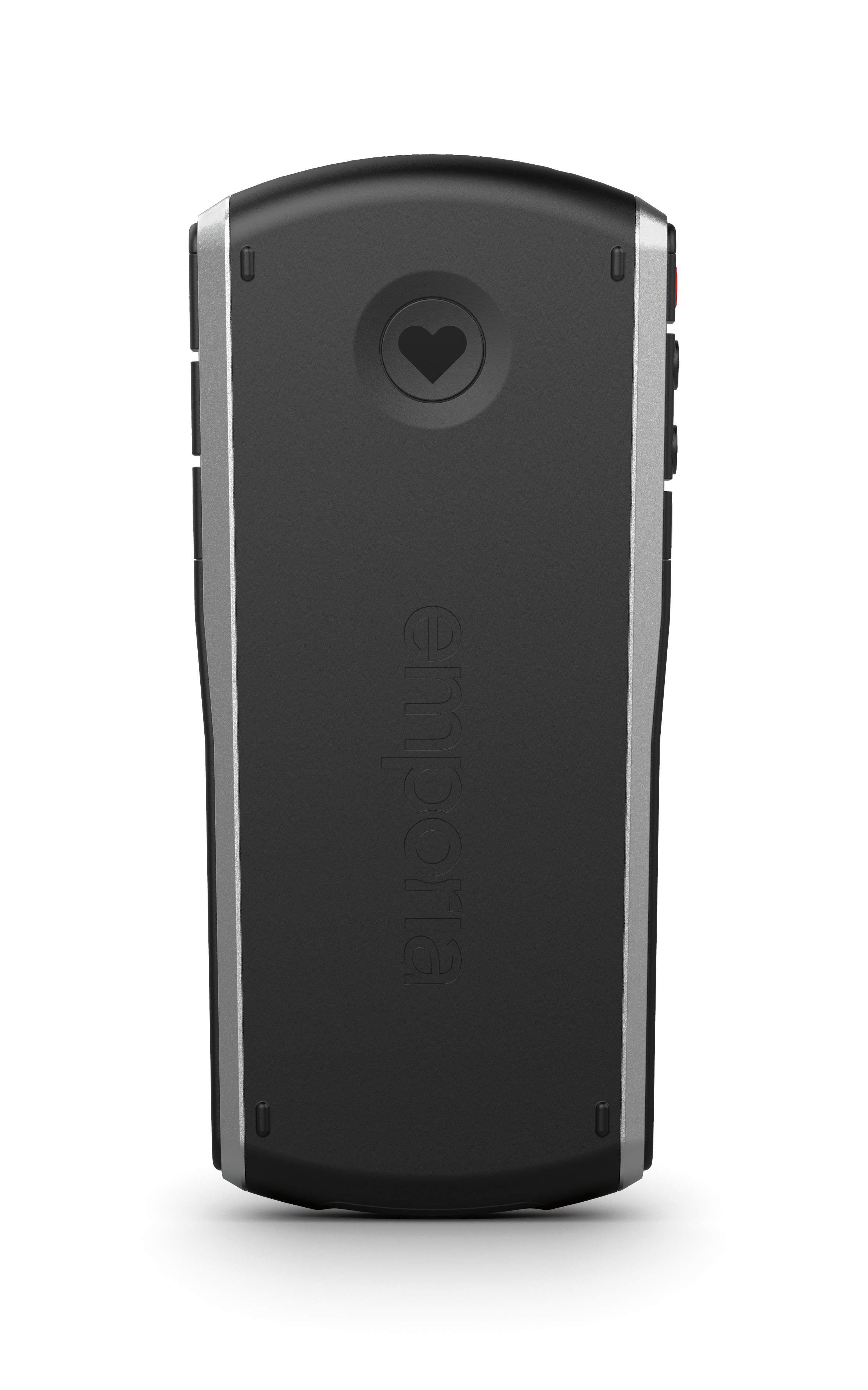 Schwarzes Telefon mit Herzsymbol. Die Rückseite eines Telefons.
