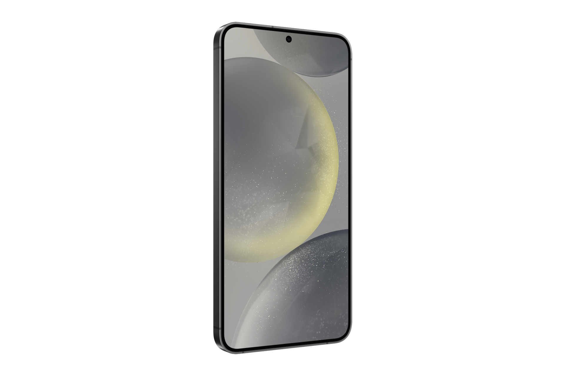 Zwarte telefoon, zijaanzicht, op wit. Telefoon heeft een zwart frame en een scherm.