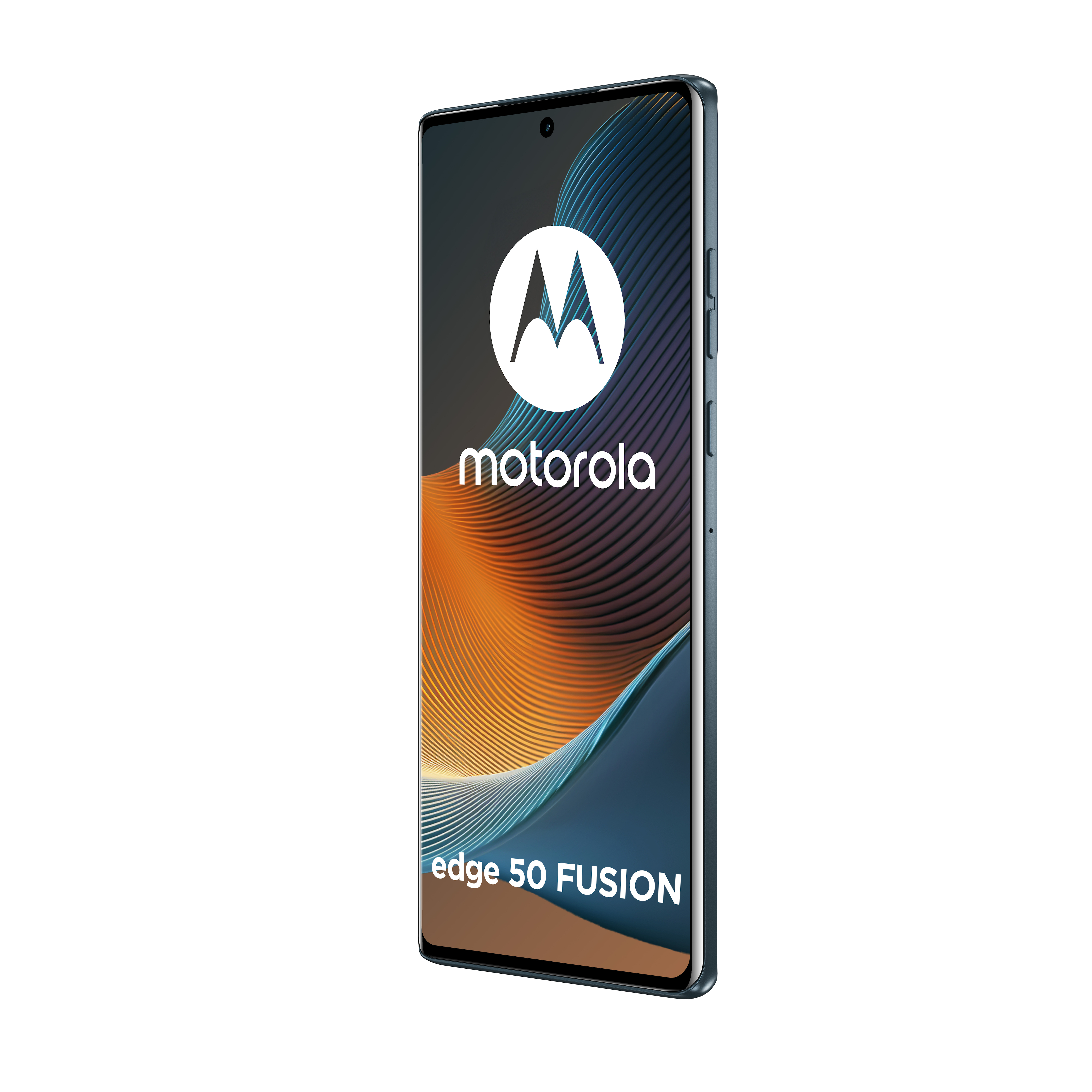 Czarny i niebieski telefon Motorola Edge 50 Fusion na białym tle. Widoczne logo Motorola.
