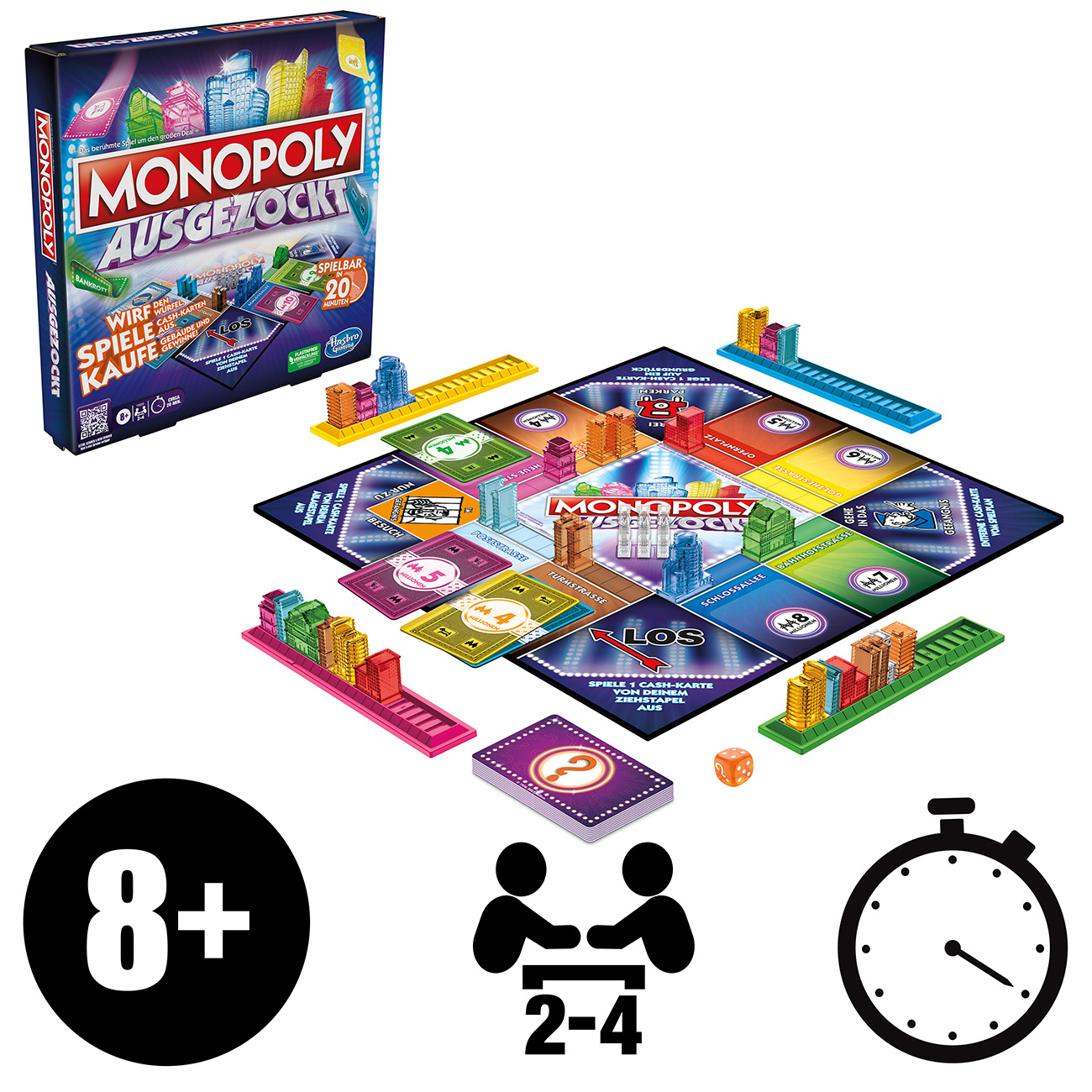 Monopoly-Brettspielbox und Spielbrett, mit Würfel, Spielsteinen und Spielerinteraktionssymbolen, plus 8+ Alter.