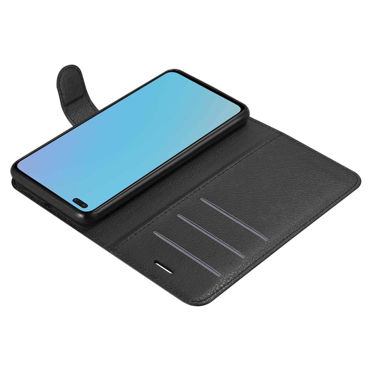 Custodia per telefono nera aperta, con un telefono. Lo schermo del telefono è blu. Interno con fessure per carte.