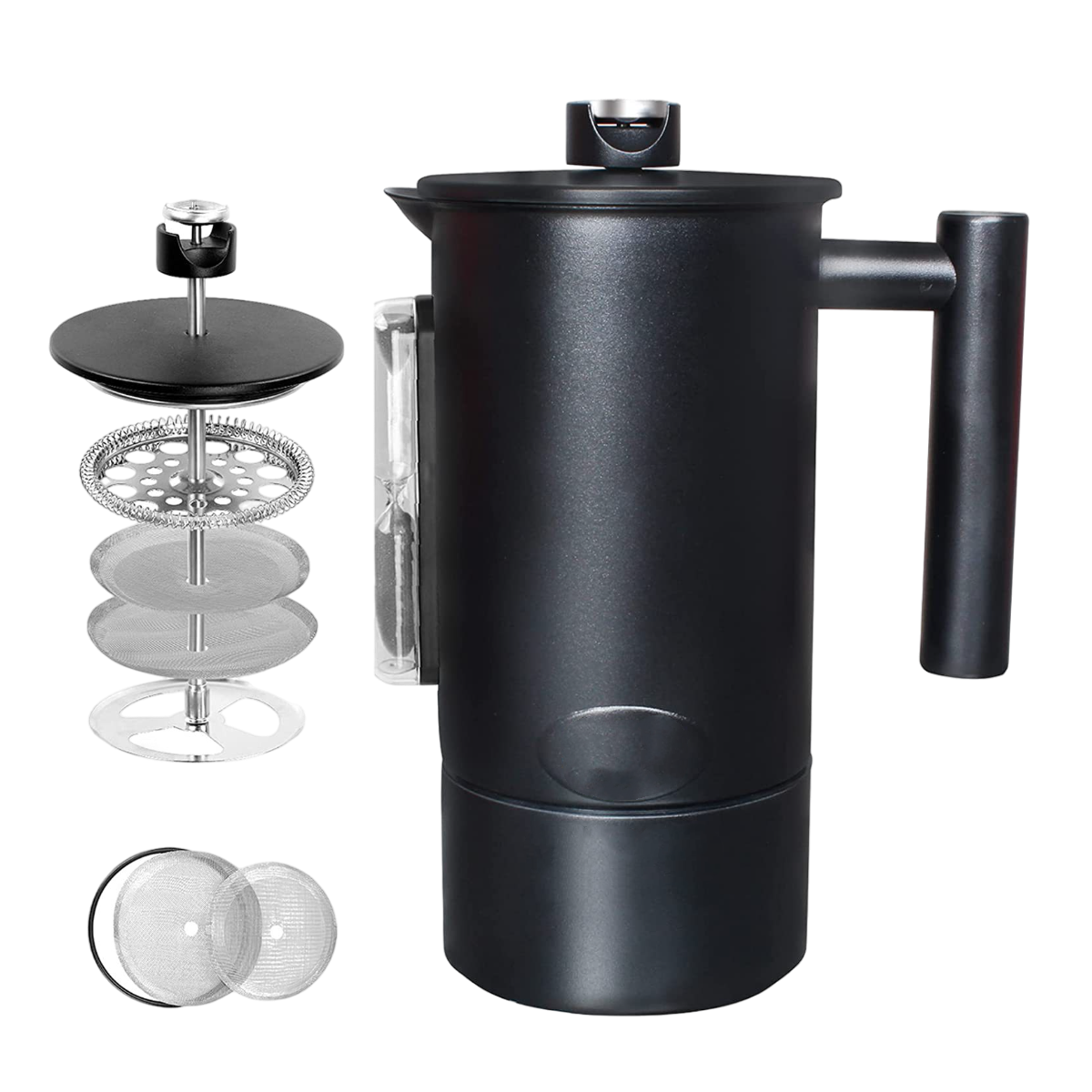 Schwarze French-Press-Kaffeemaschine mit zerlegten Komponenten. Schwarzer Hintergrund.