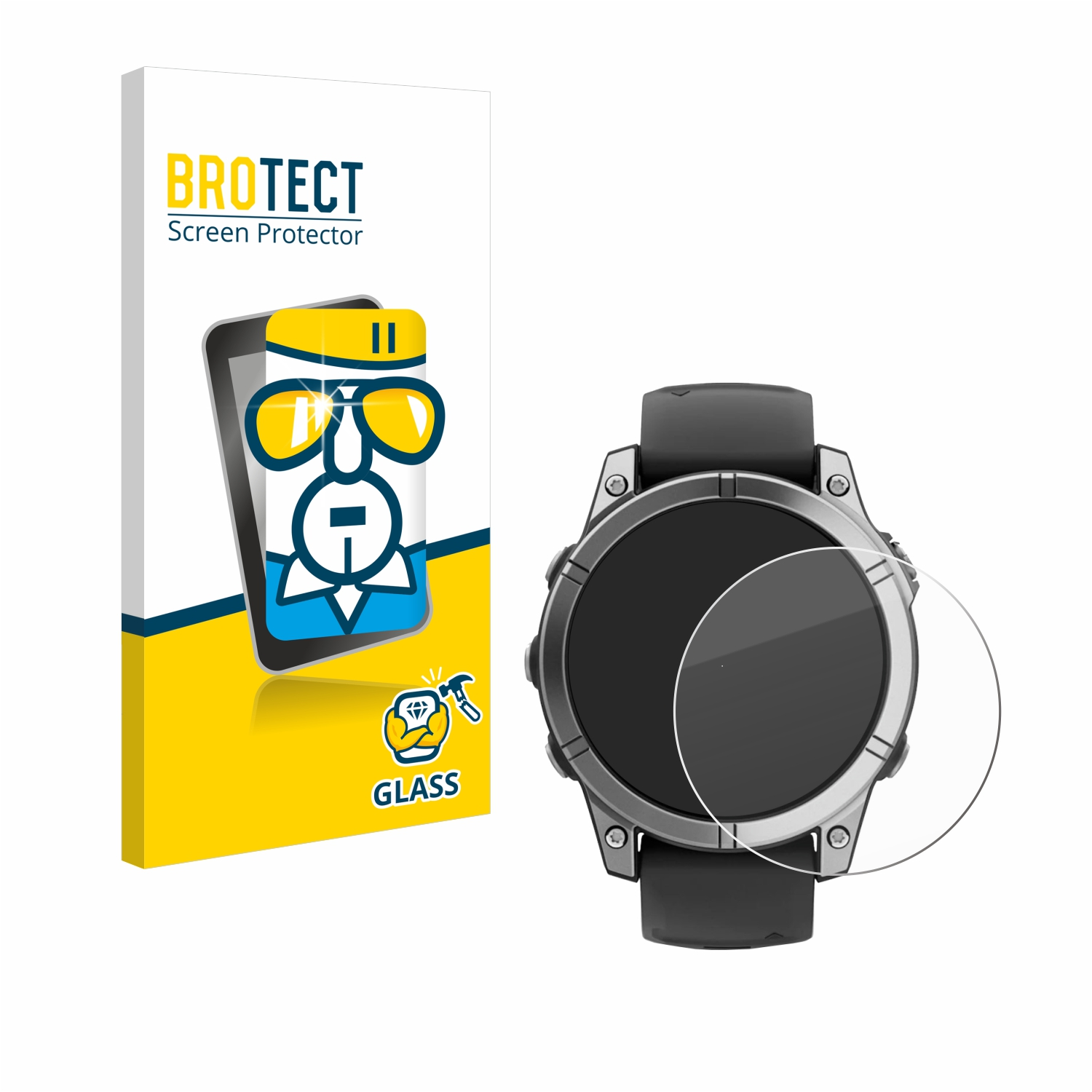Schwarze Smartwatch mit Displayschutzfolie vor einer Displayschutzfolienbox auf Weiß.