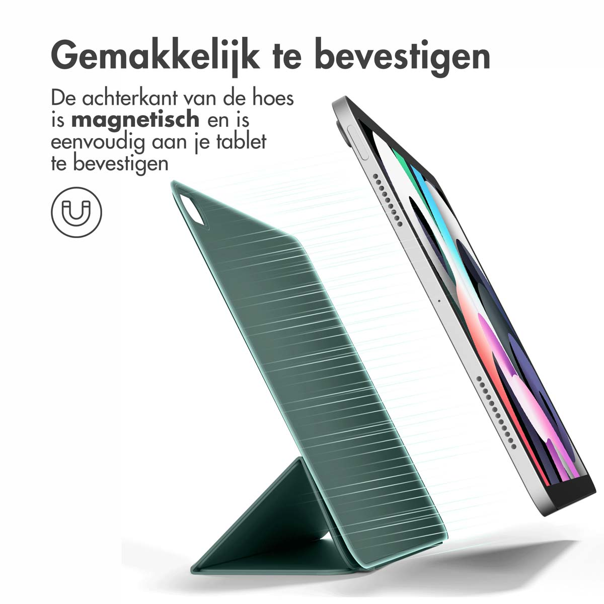 Green tablet case with a tablet, text in Dutch that says it's easy to attach.