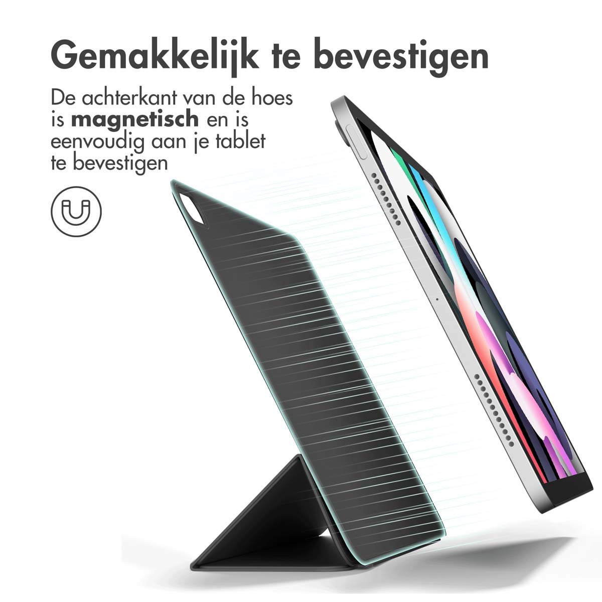 An iPad and a case, with text in Dutch about magnetic attachment.