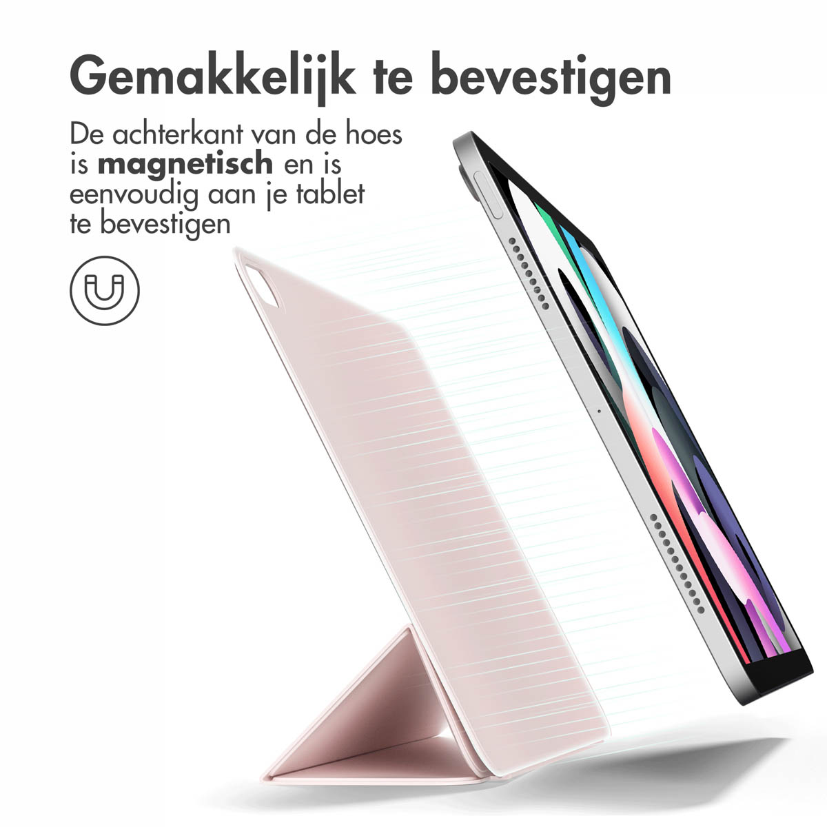 A tablet case with a pink cover and a tablet. Text says the cover is magnetic.