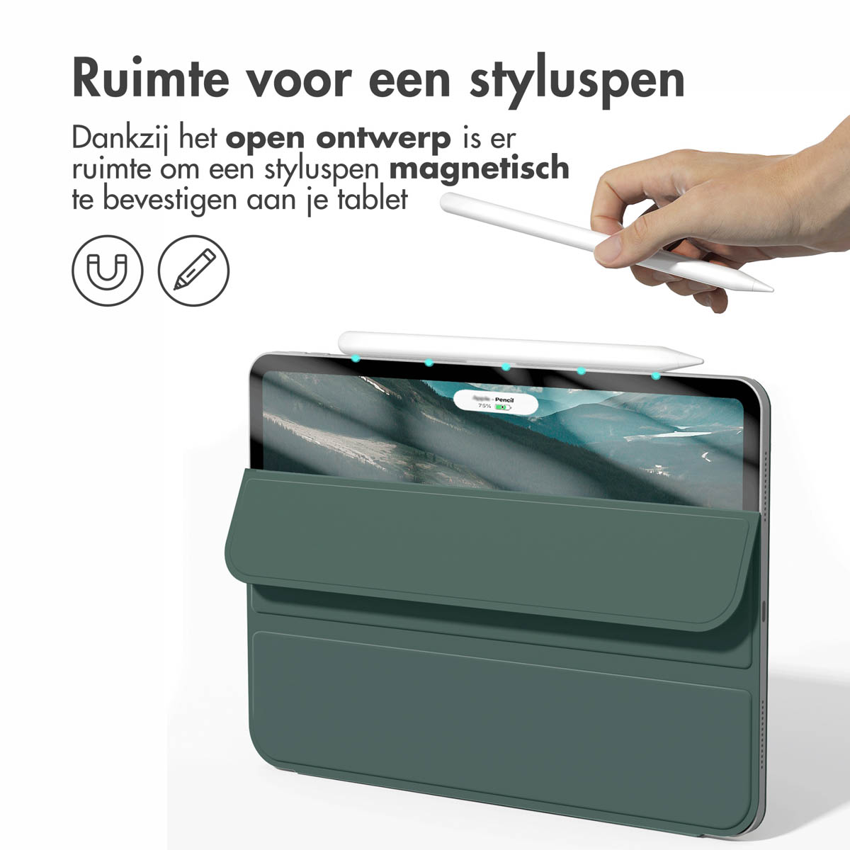 Tablet with case and stylus. A hand is holding a stylus.