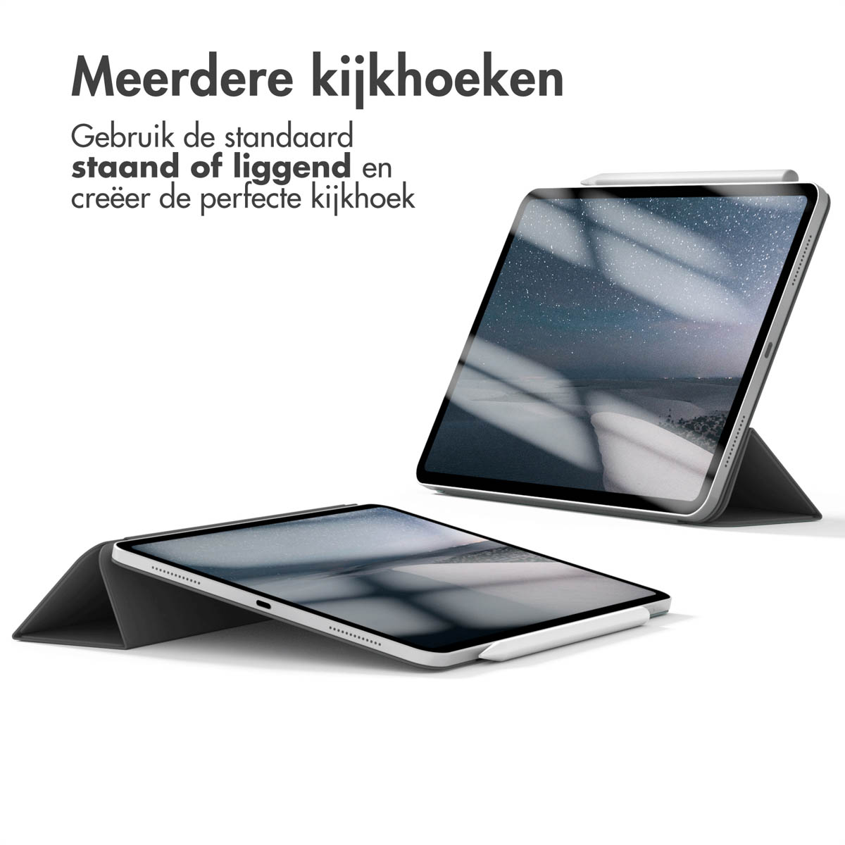 Two tablets with stands, text in Dutch.