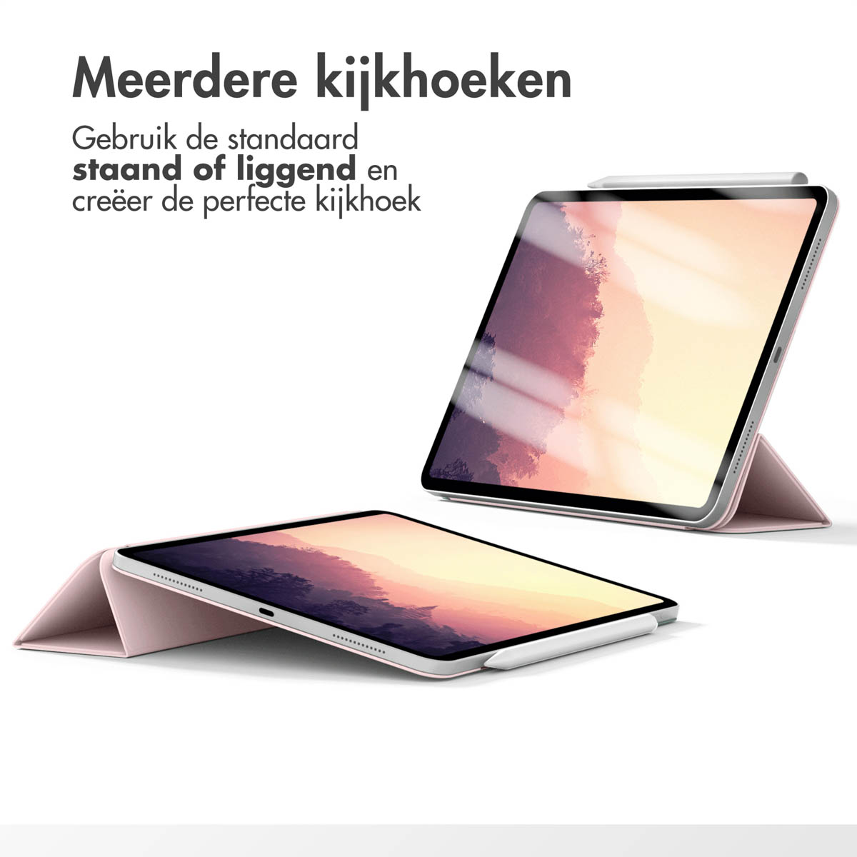 Two tablets with pink covers. One is open, and the other is closed.