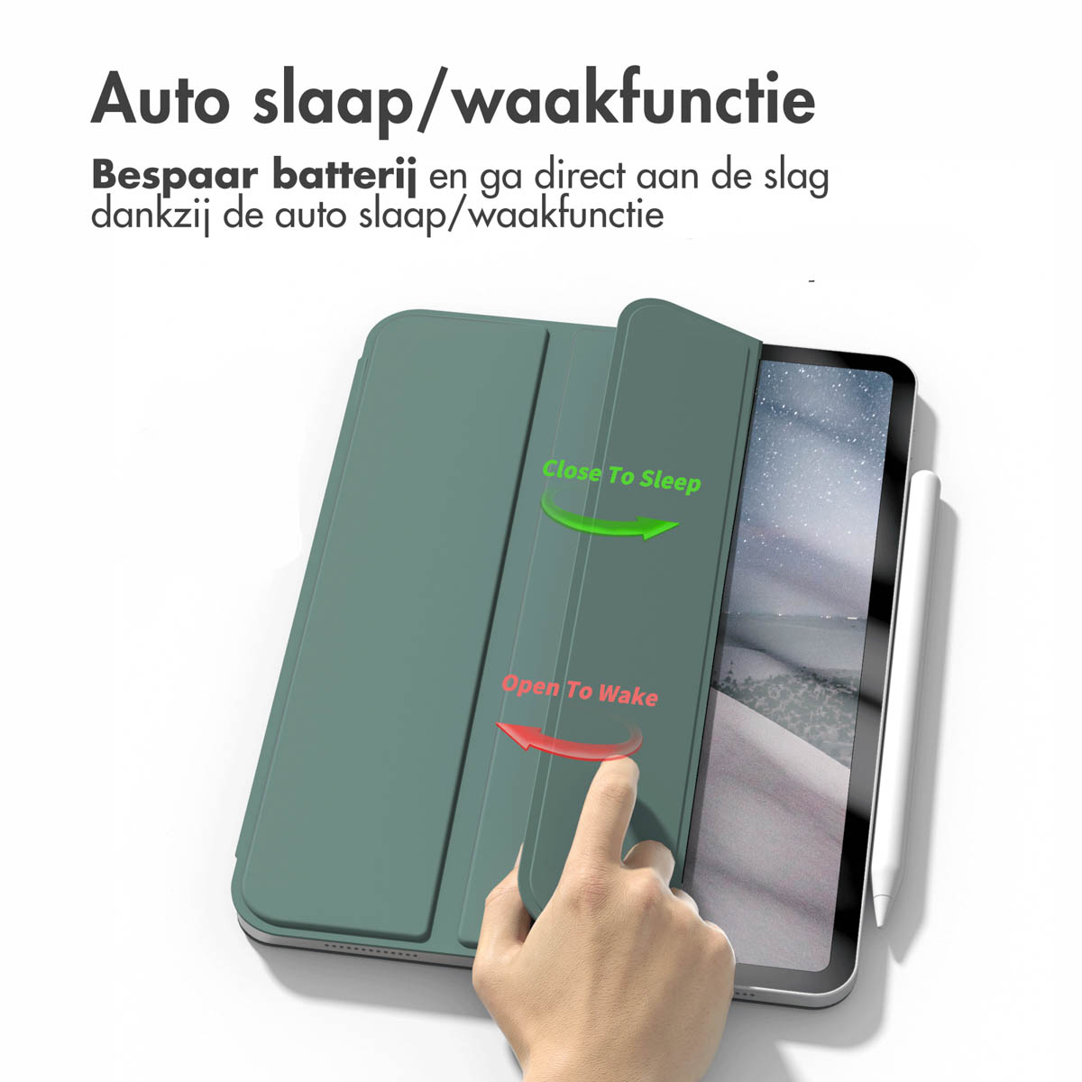 Tablet with a cover, text, and a stylus, in a person's hand.