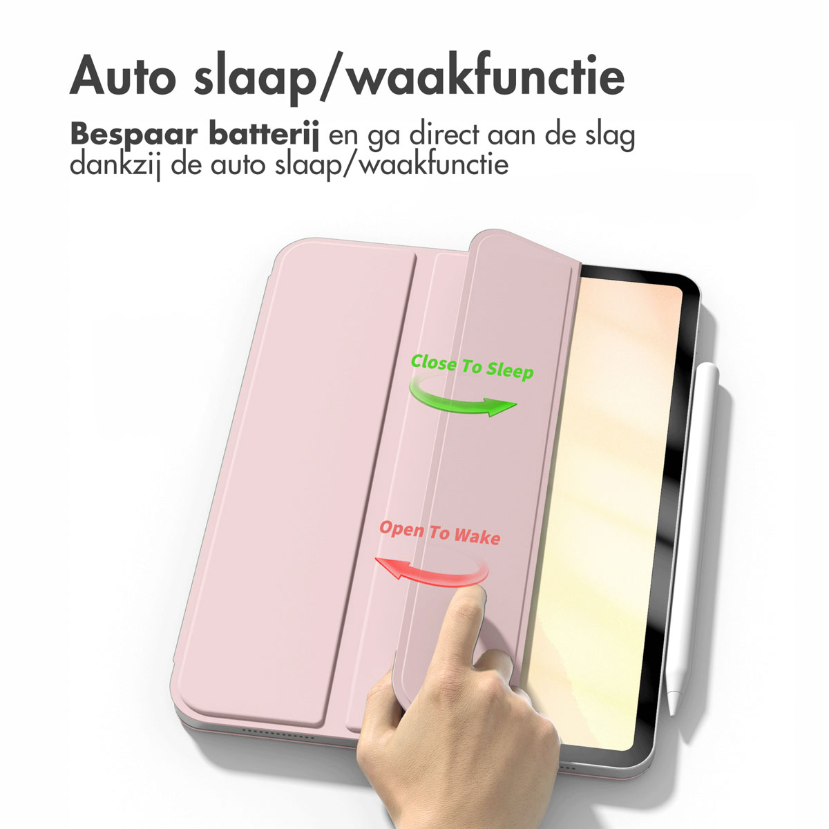 Pink tablet case with 'Close to Sleep' and 'Open to Wake' text.