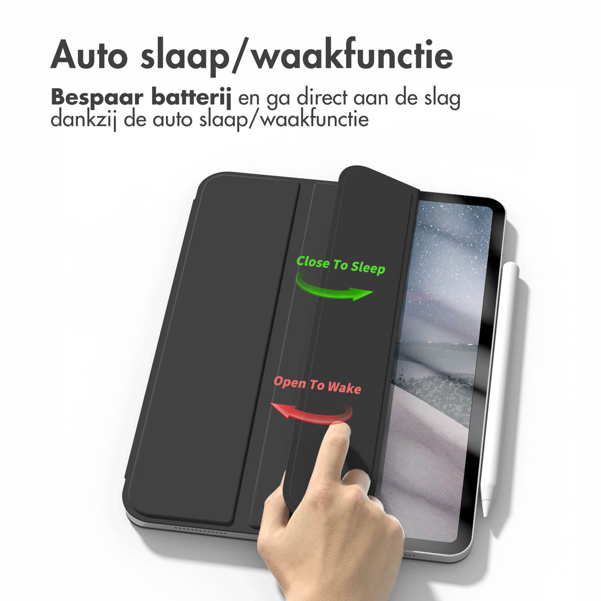 Tablet with case, displaying text. A hand is pointing.