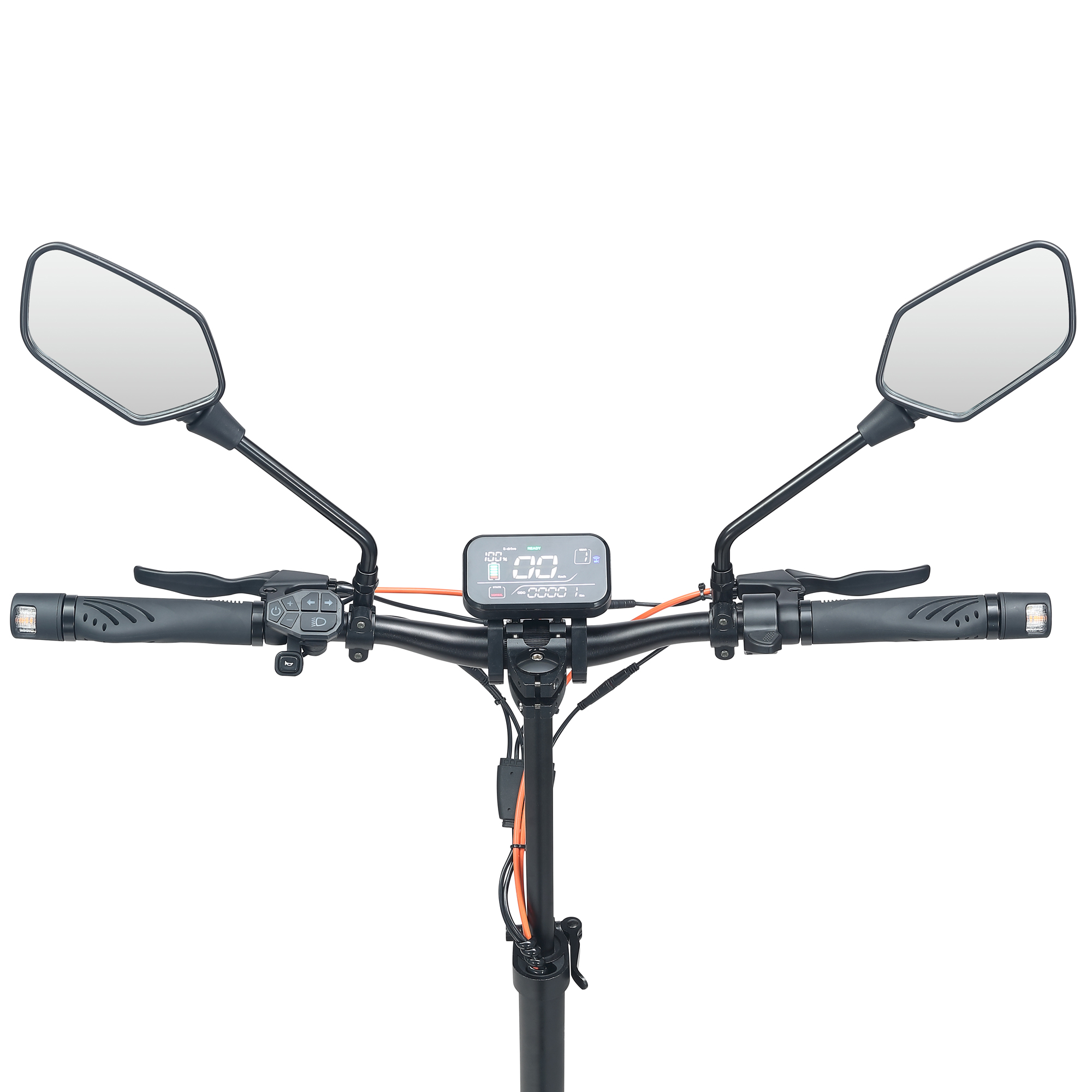 Rollerlenker mit Spiegeln und Display. Oranges Kabel sichtbar.
