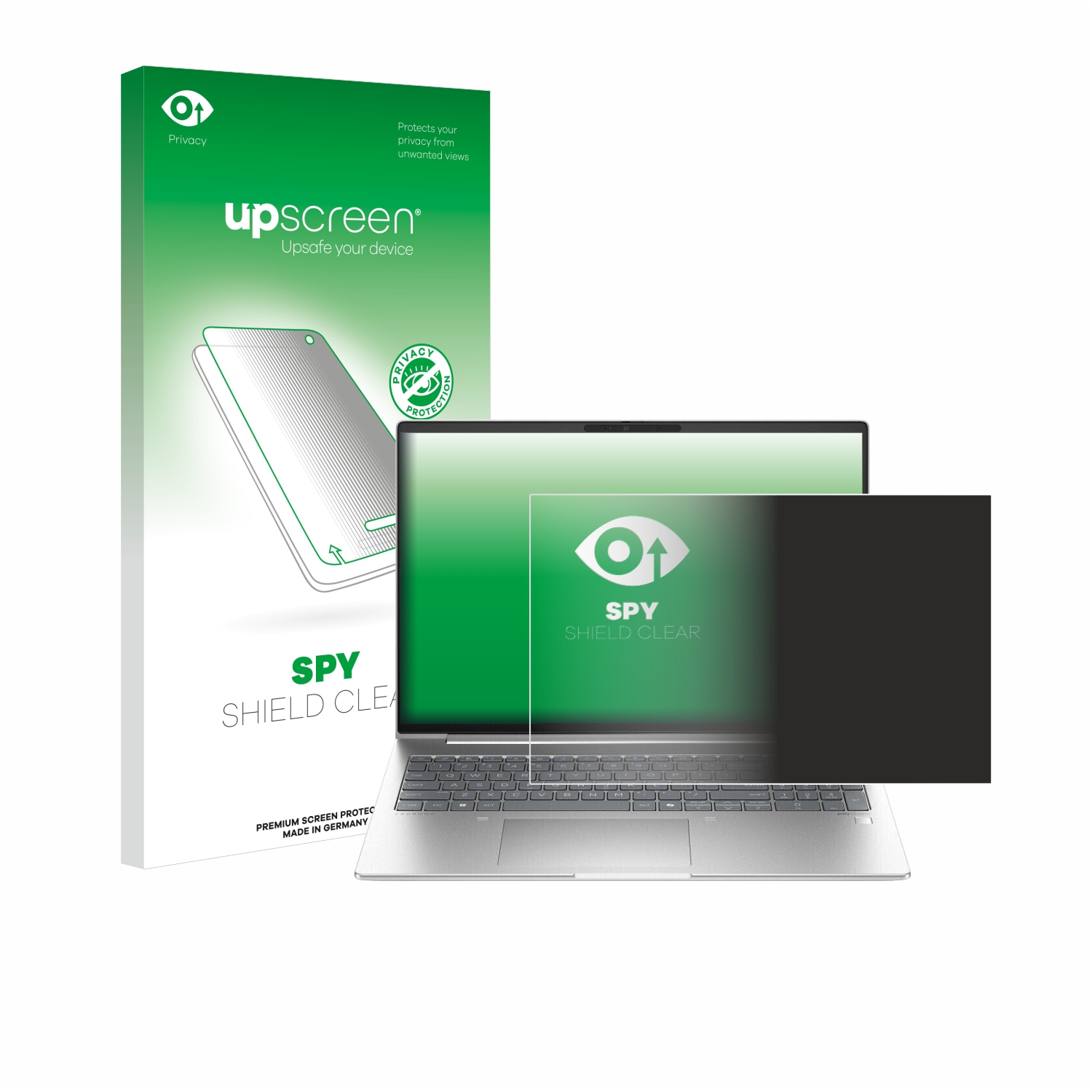 Ein Laptop mit Datenschutz-Displayschutz. Eine Box links. Der Bildschirm ist schwarz, der Schutz klar.