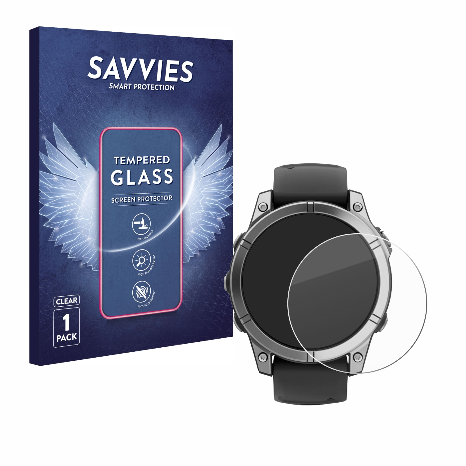 Smartwatch mit Displayschutz, einer Schachtel mit der Aufschrift 'SAVVIES' und dem Schutz.