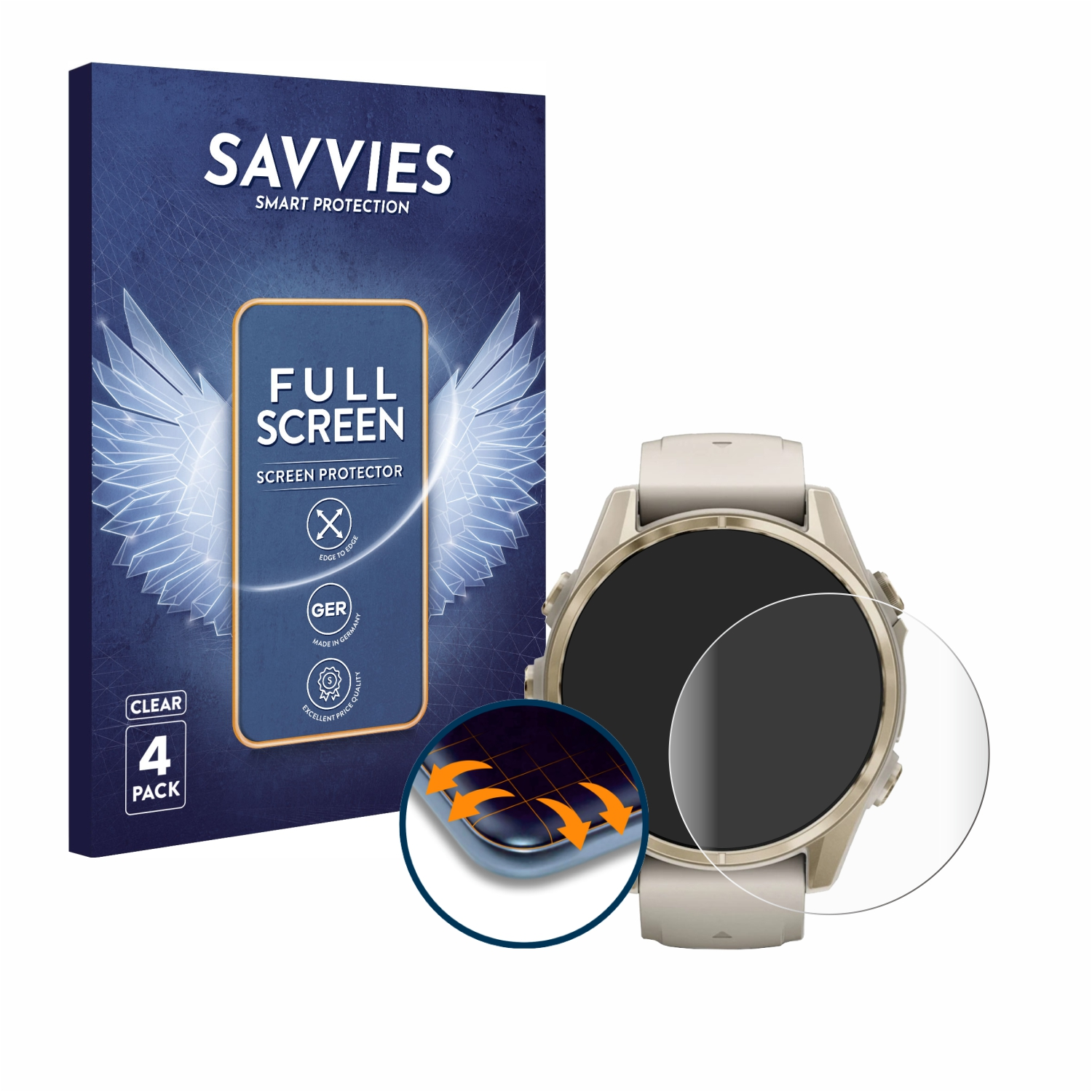 Smartwatch und Displayschutzfolie. Eine Box zeigt Marke und Produkt. Der Schutz ist auf der Uhr.