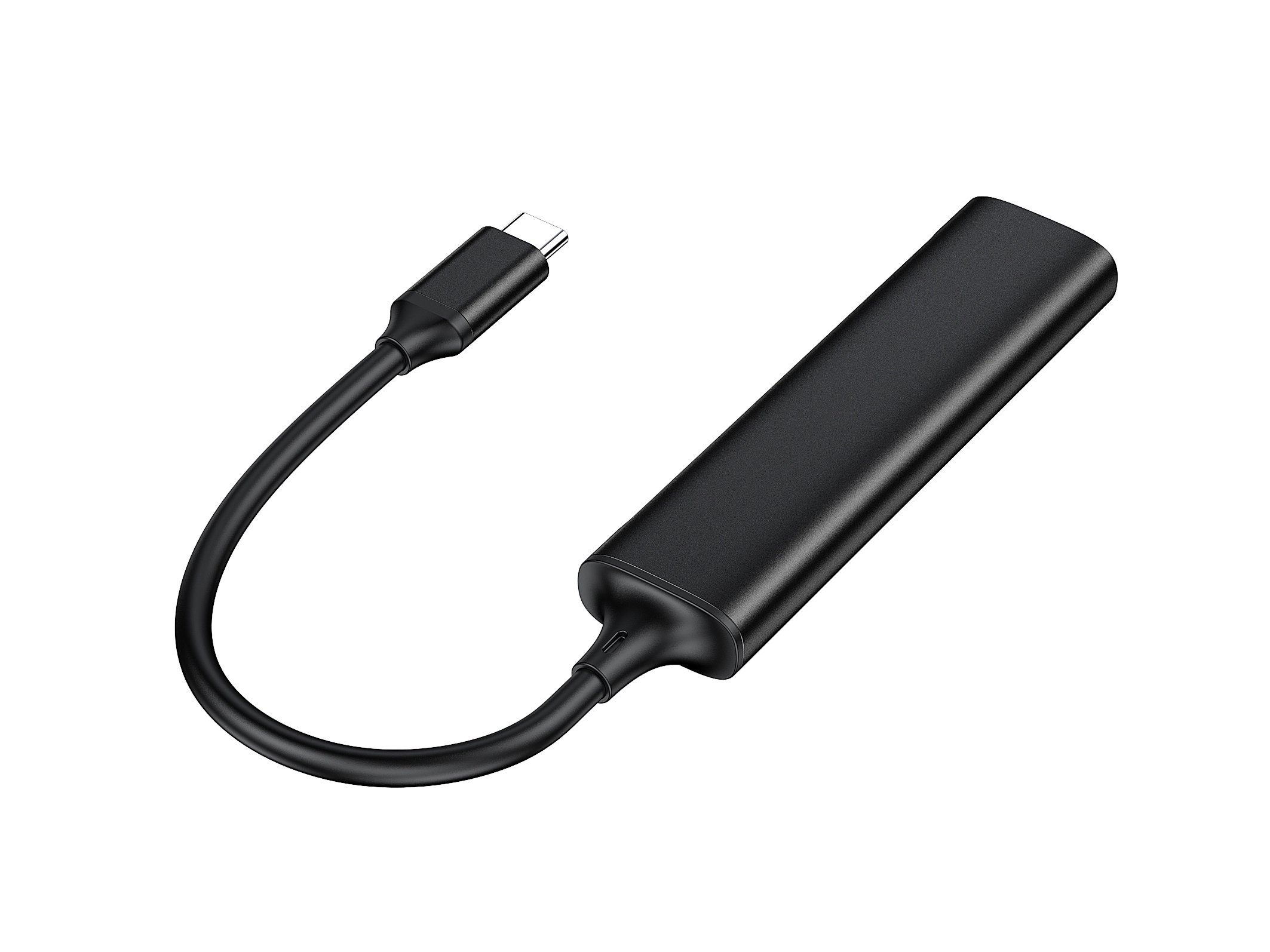 Schwarzer USB-C-auf-Ethernet-Adapter mit Kabel. Weißer Hintergrund.