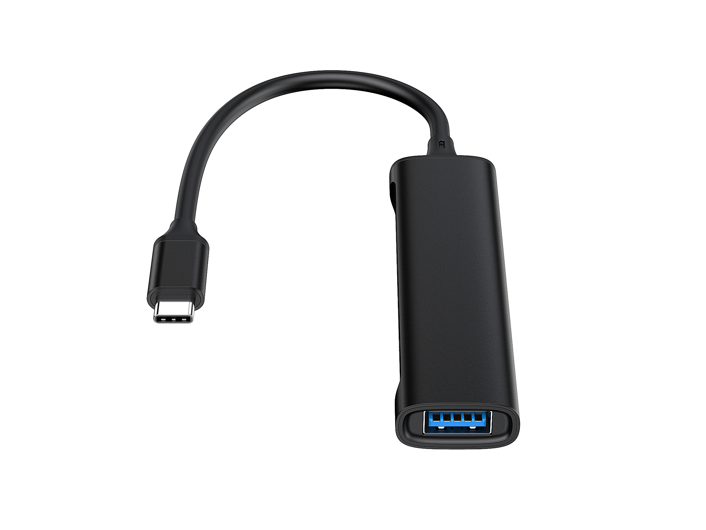 Schwarzes USB-C-zu-USB-A-Adapterkabel. Ein Ende hat einen USB-C-Anschluss, das andere einen USB-A-Port.