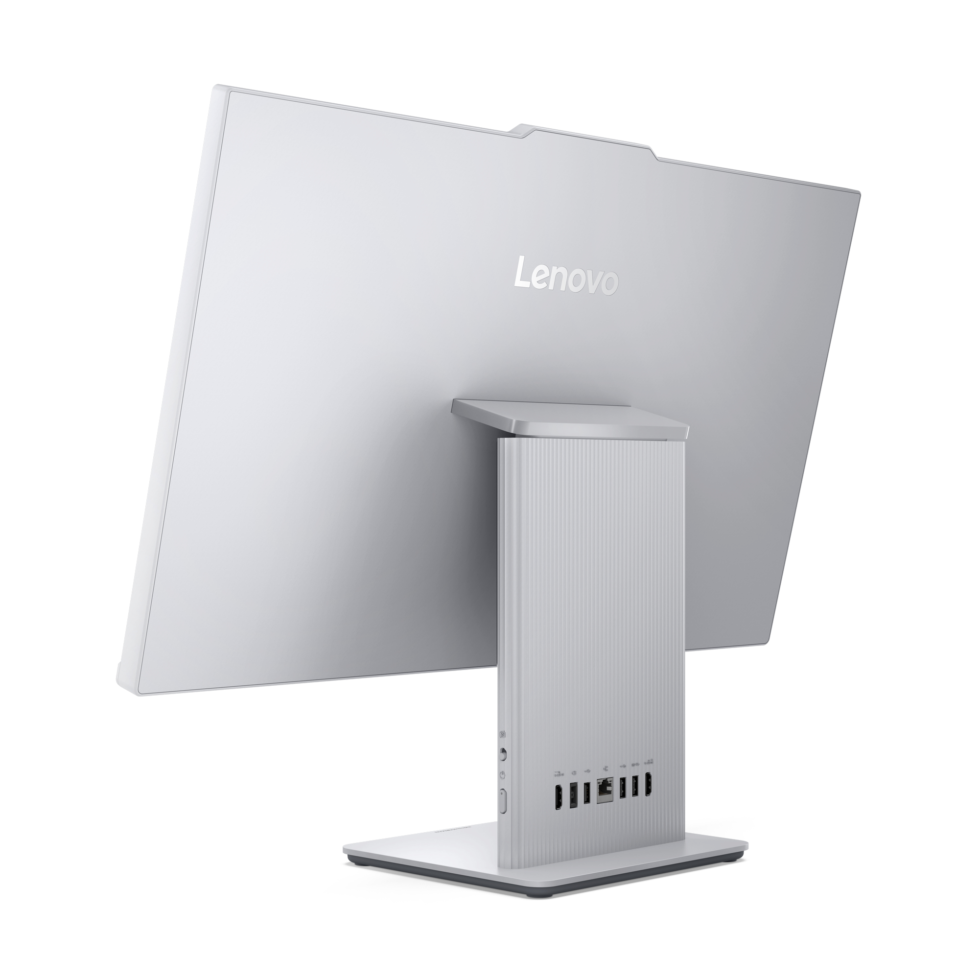 Widok z tyłu srebrnego komputera Lenovo all-in-one. Podstawa i tył mają logo Lenovo.